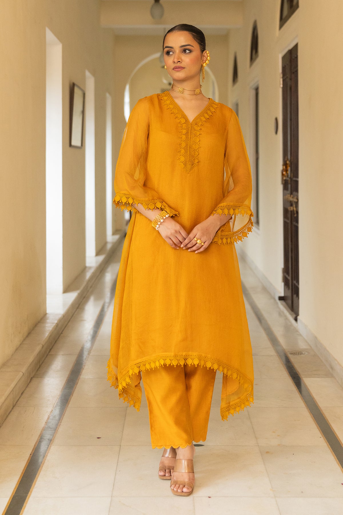 Mustard Organza Suit Set with matching dupatta and pant