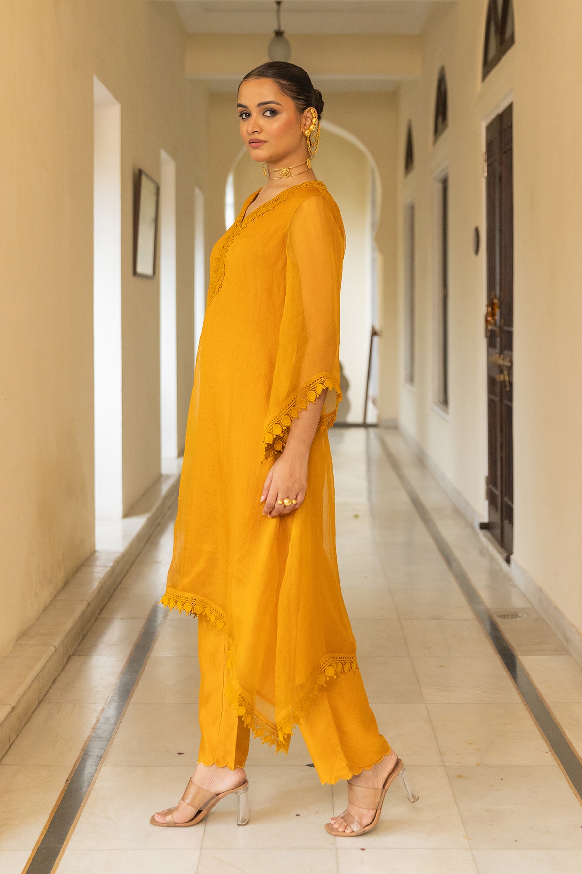 Mustard Organza Suit Set with lace detailing on the neck