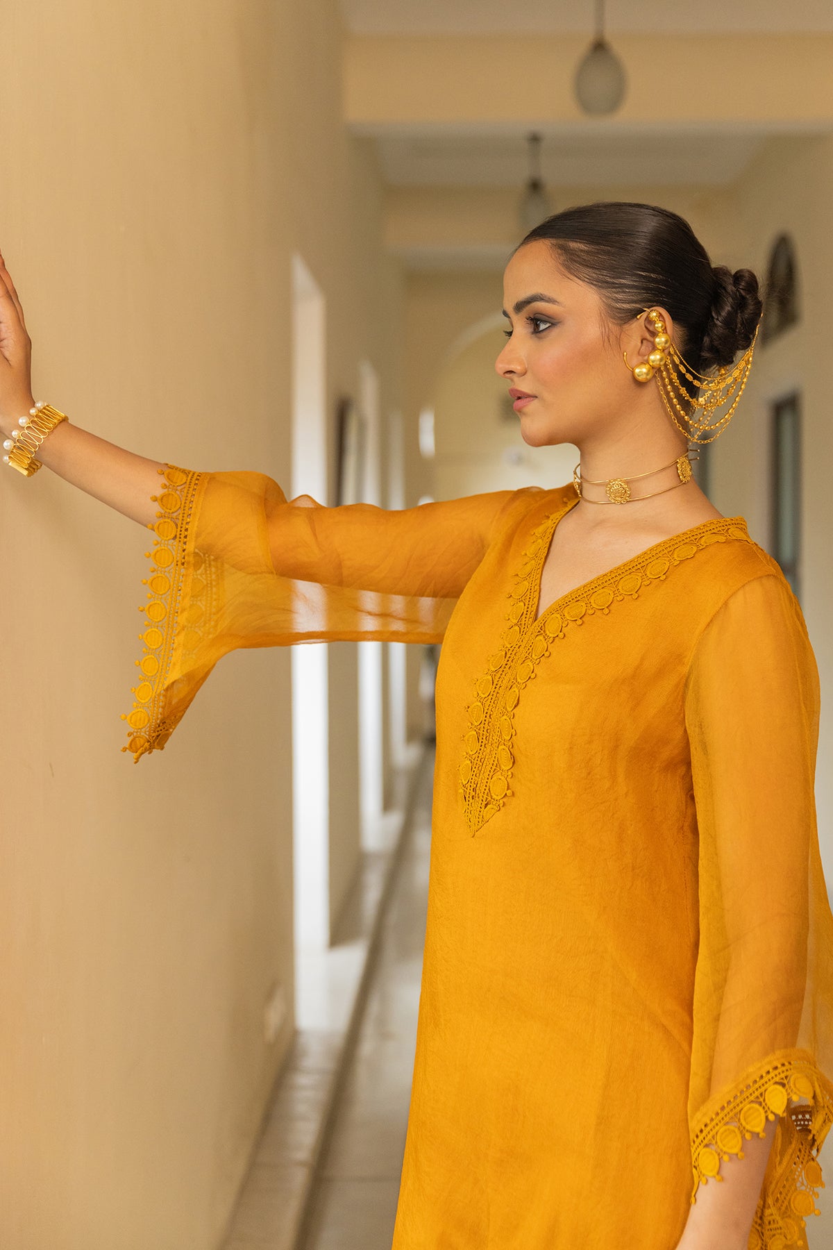 Organza Suit Set in Mustard with matching dupatta and pant
