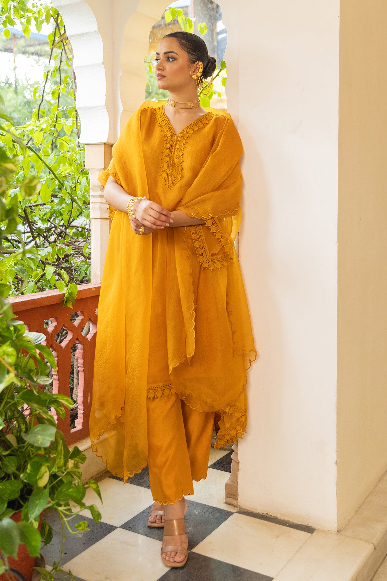 Mustard Organza Suit with pant and dupatta