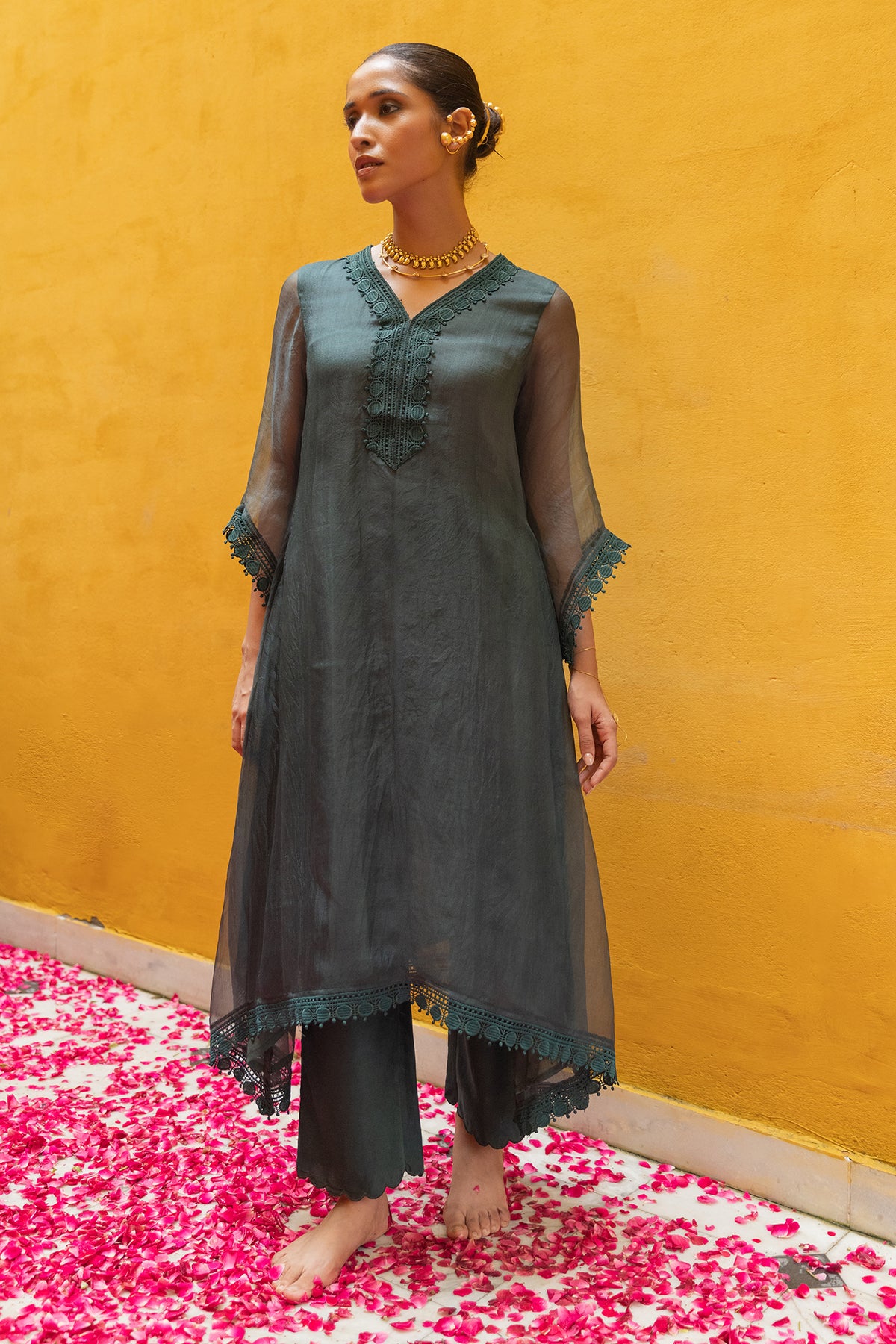 green organza soft cotton suit with lacework