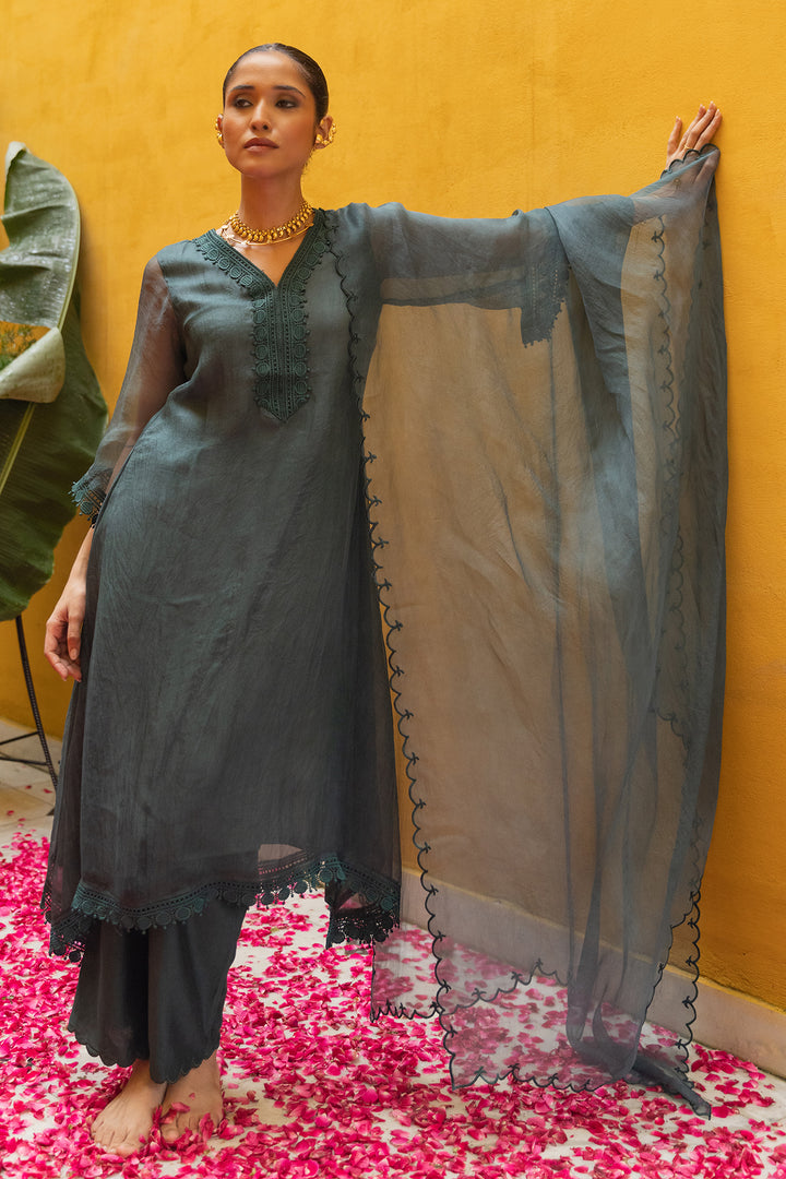 green organza suit set for women