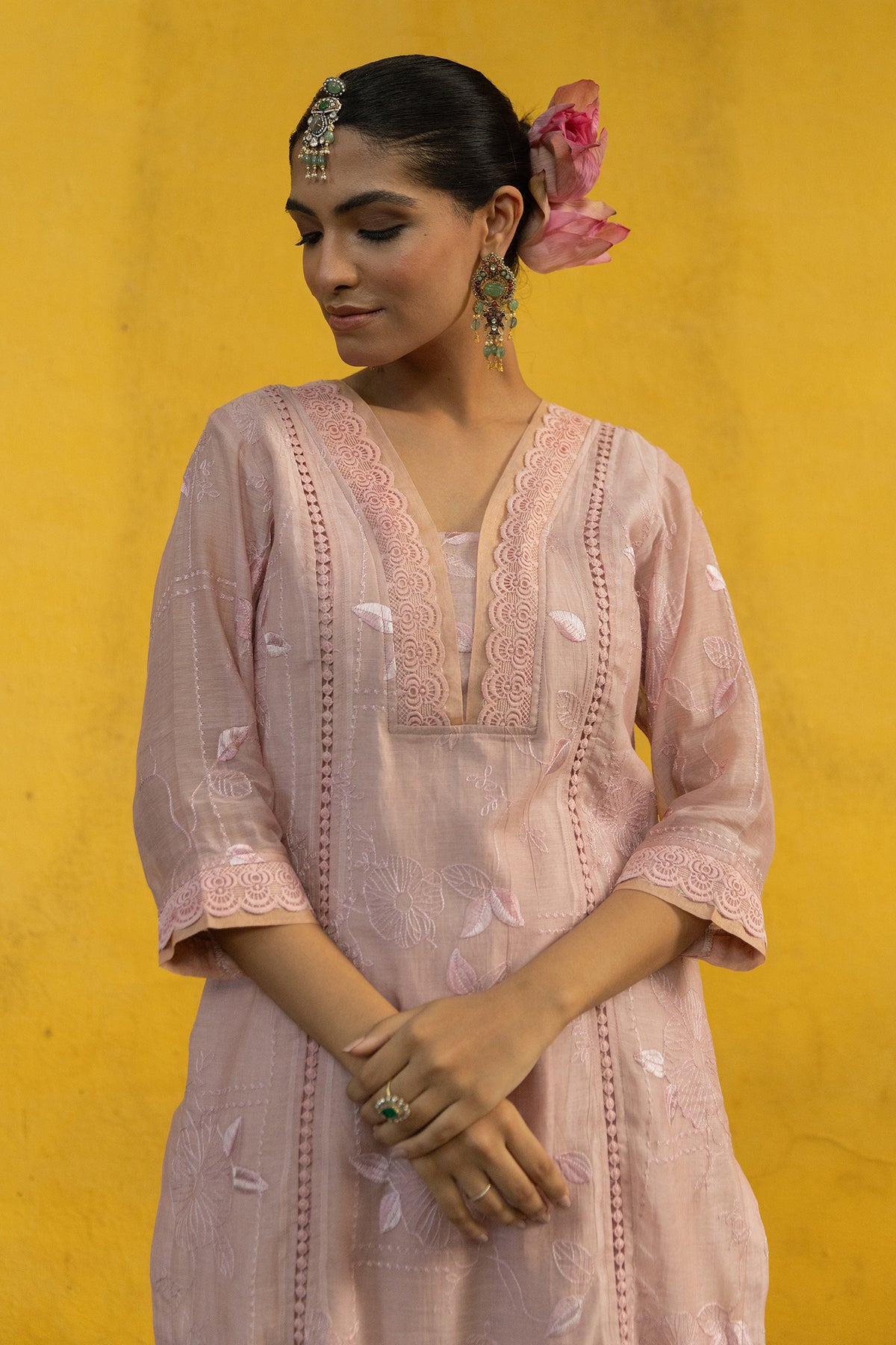 Soft Chanderi Embroidered Suit with Glittery Neck