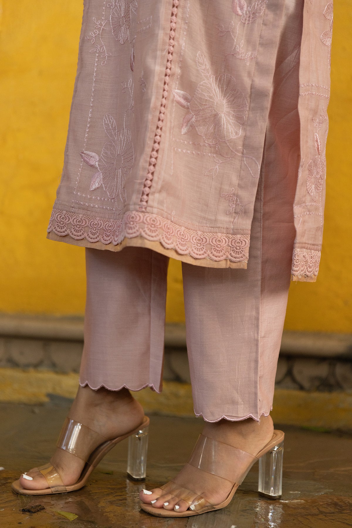 Soft Chanderi Embroidered Suit with Glittery Neck