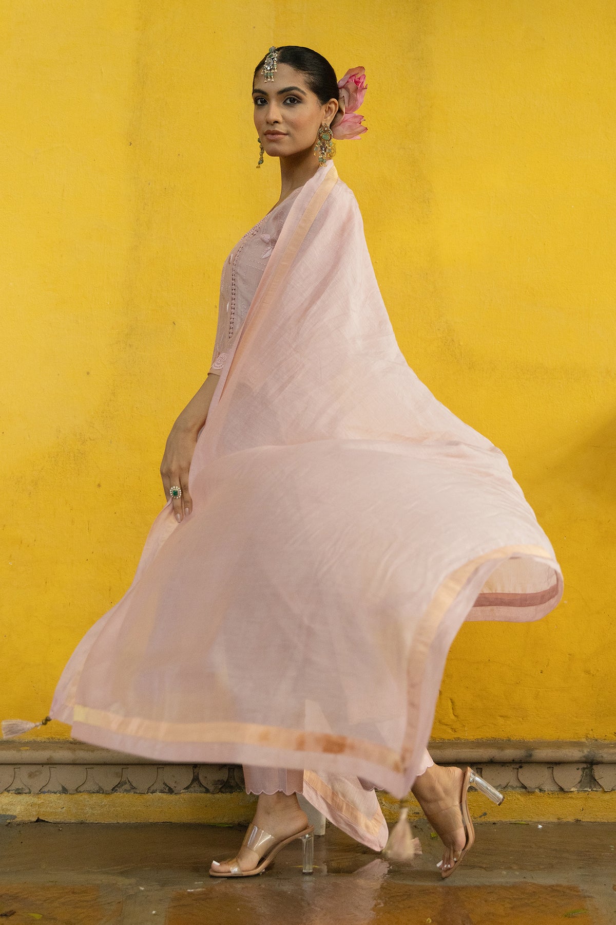Soft Chanderi Embroidered Suit with Glittery Neck