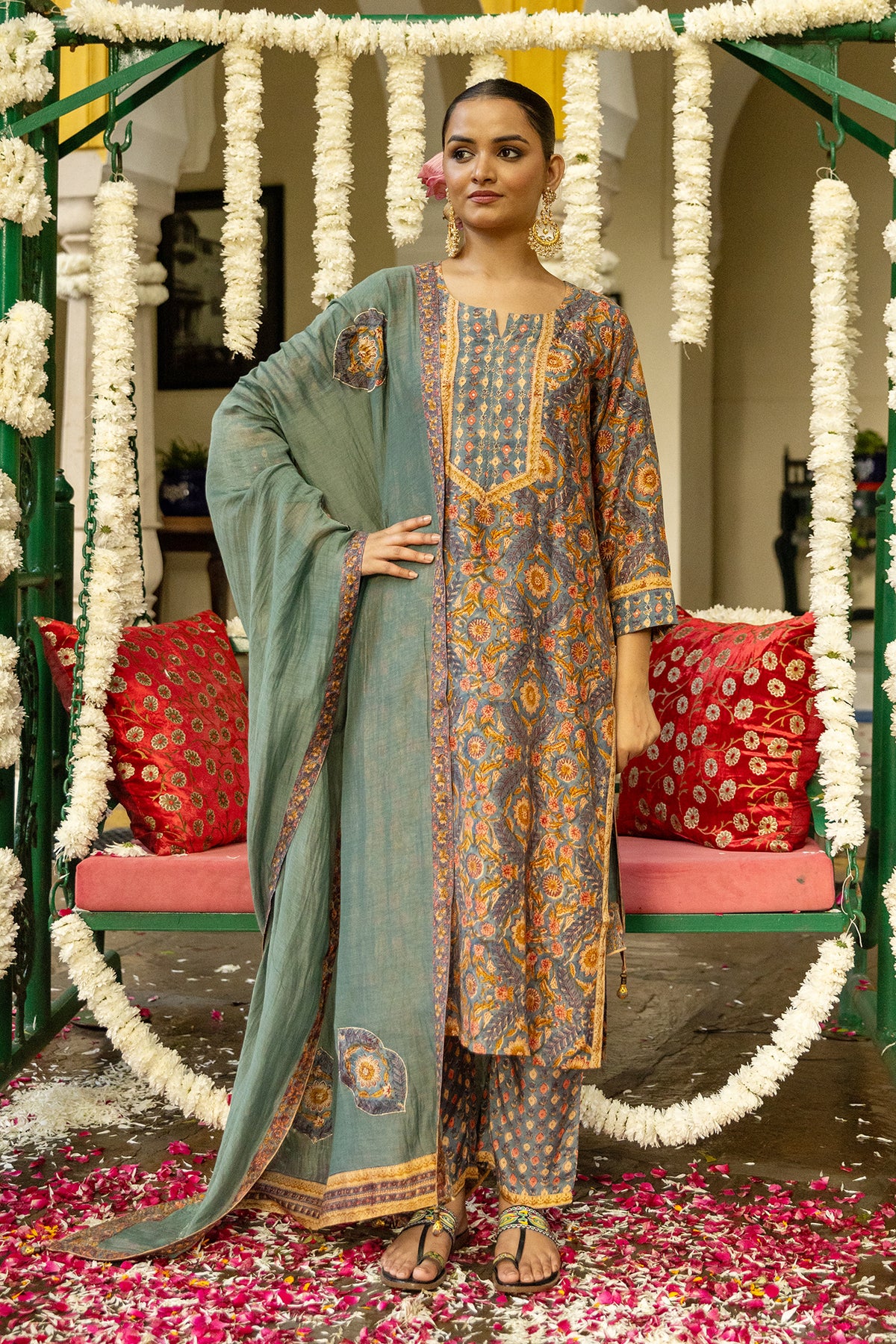 Mul Chanderi Patchwork Dupatta in Turquoise Green