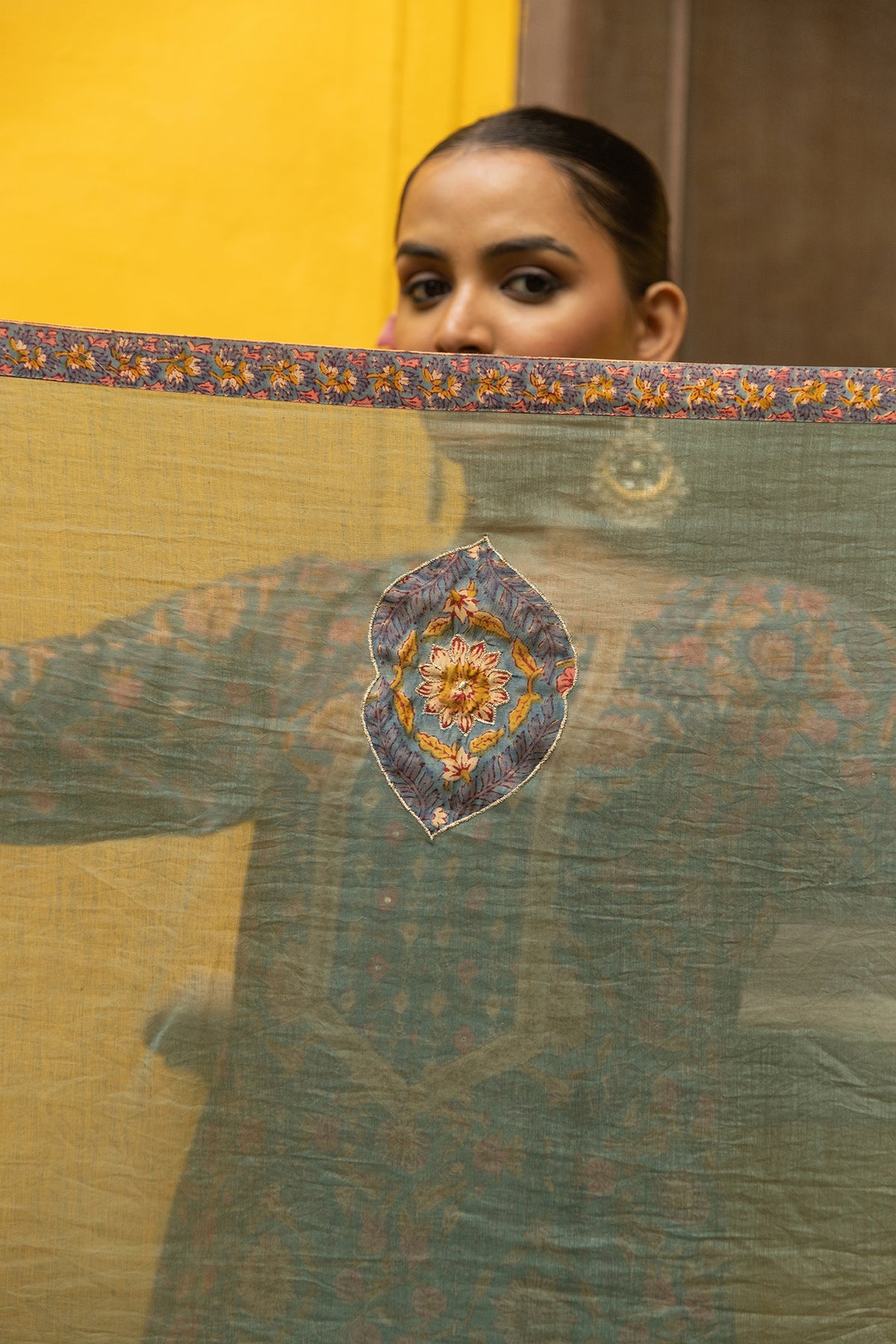 Mul Chanderi Patchwork Dupatta in Turquoise Green