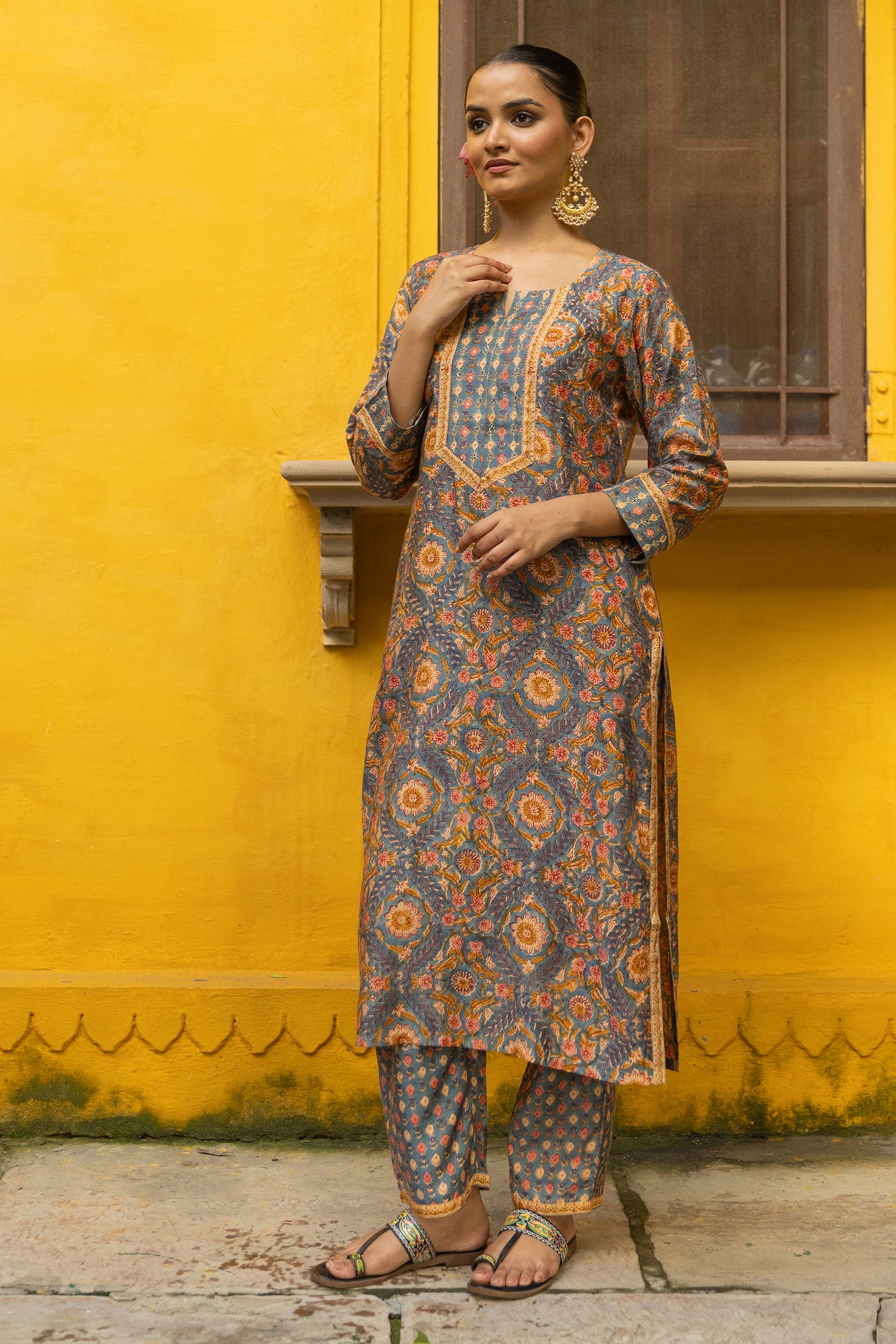long kurta with hand block and zari embroidery