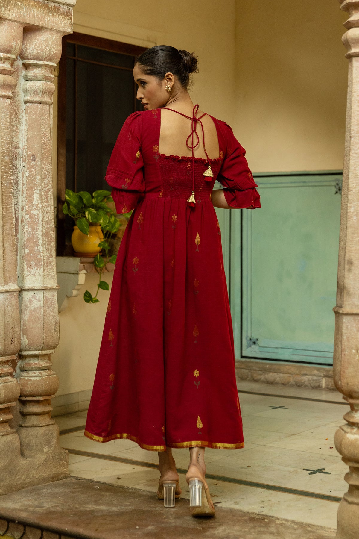 Maroon Jamdani Handwoven Cotton Dress with Square Neckline