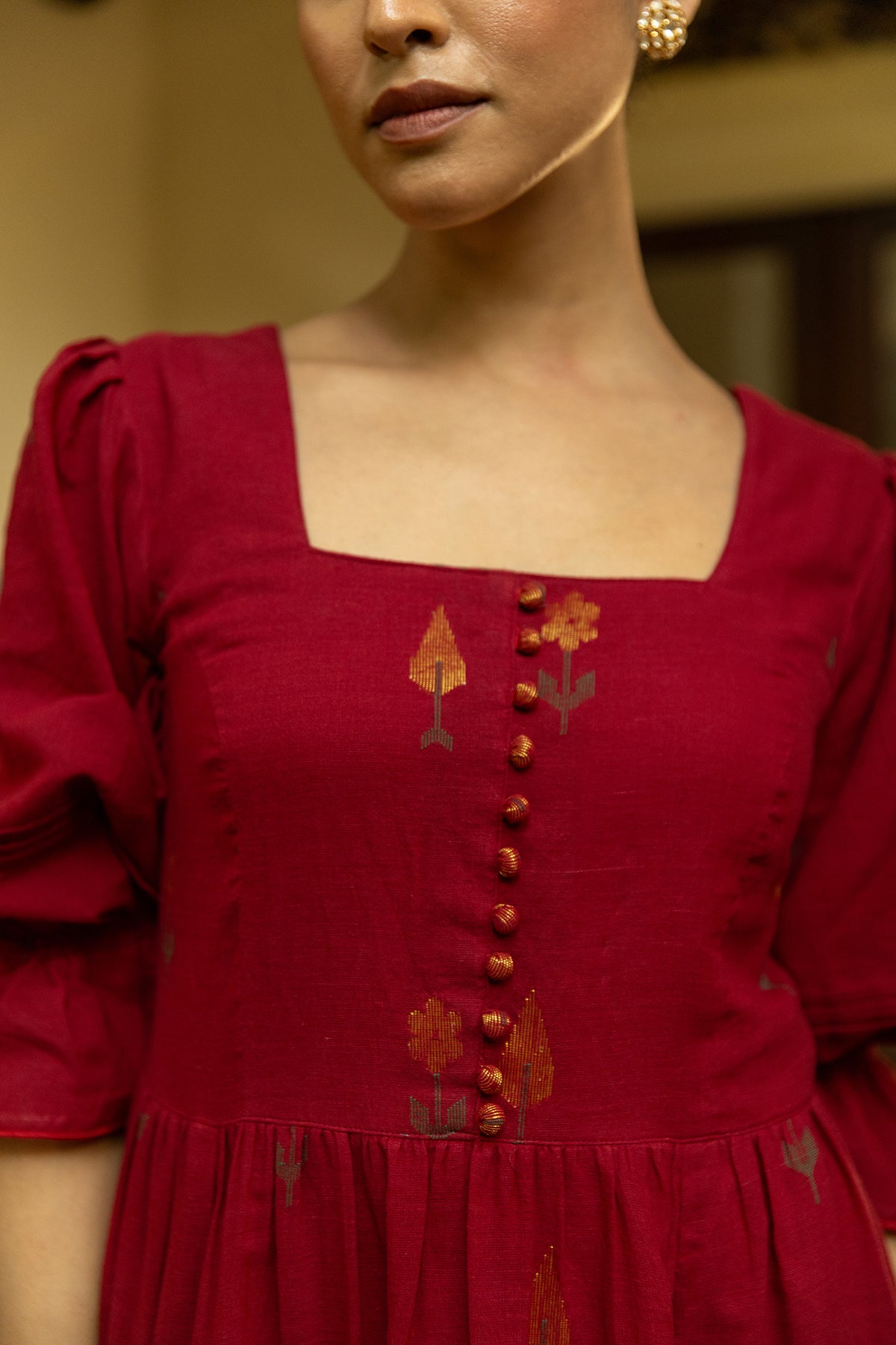 Maroon Jamdani Handwoven Cotton Dress with Square Neckline