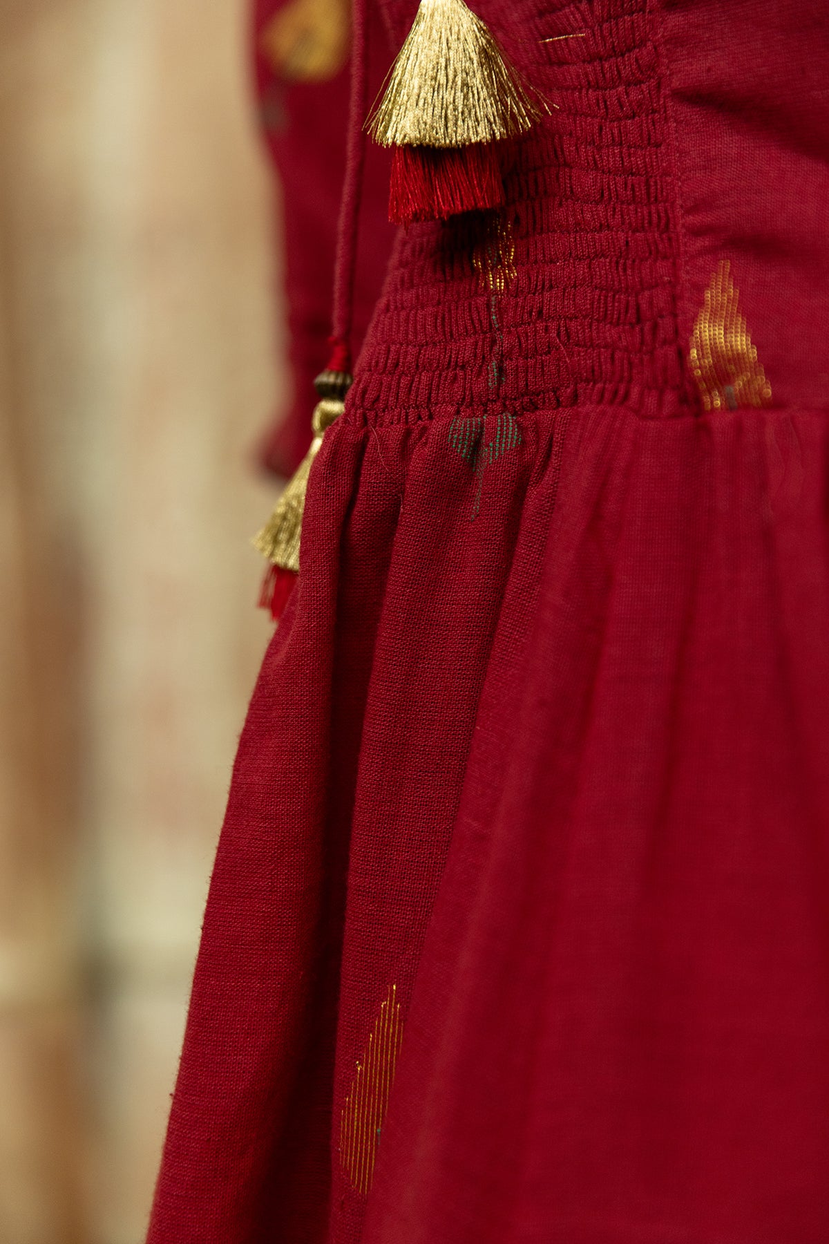 Maroon Jamdani Handwoven Cotton Dress with Square Neckline