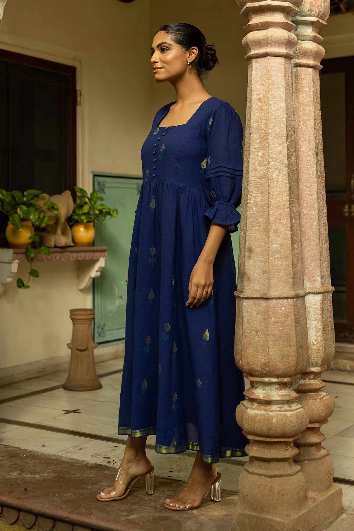 Blue Jamdani Handwoven Cotton Dress with Elasticated Back