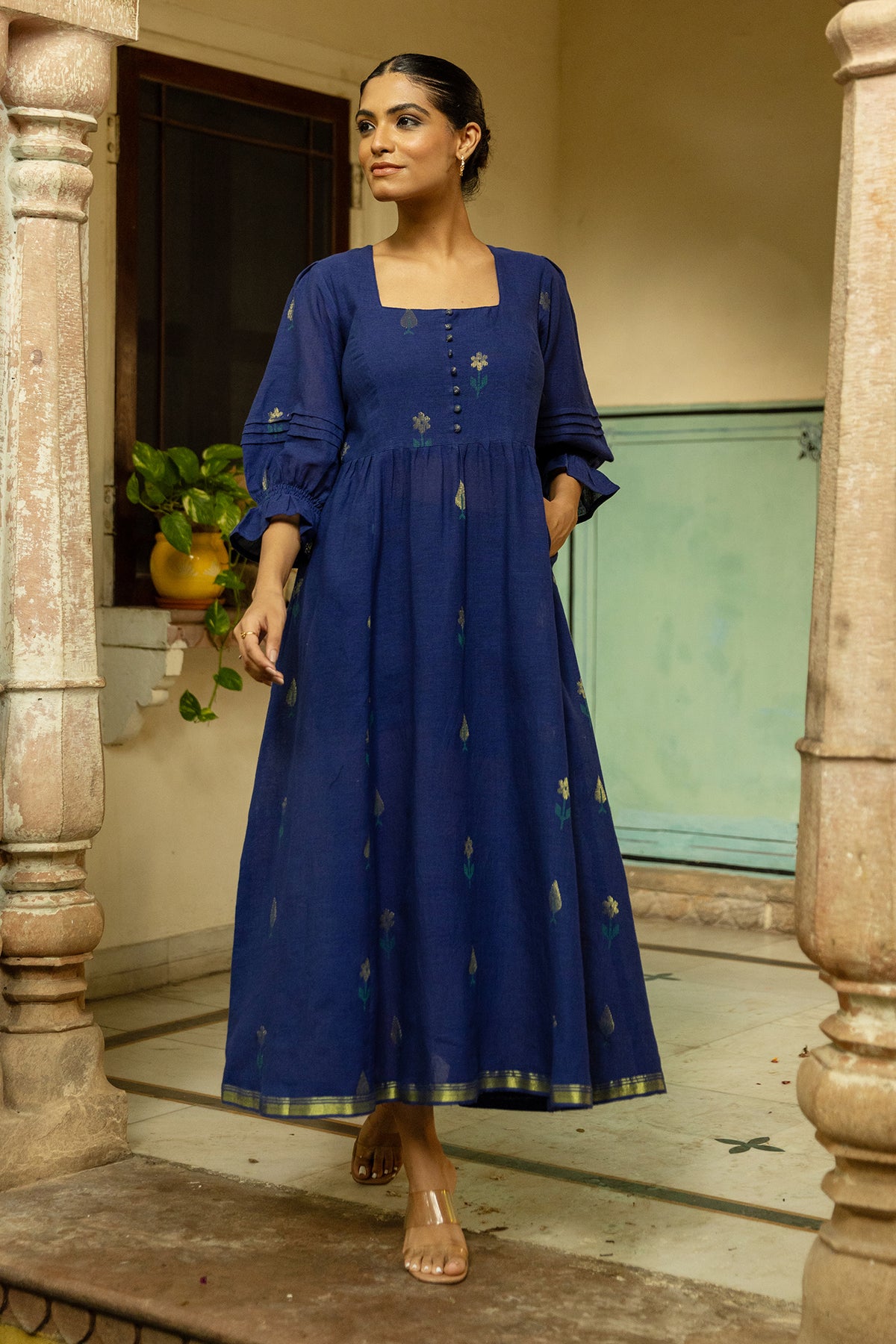 Blue Jamdani Handwoven Cotton Dress with Elasticated Back
