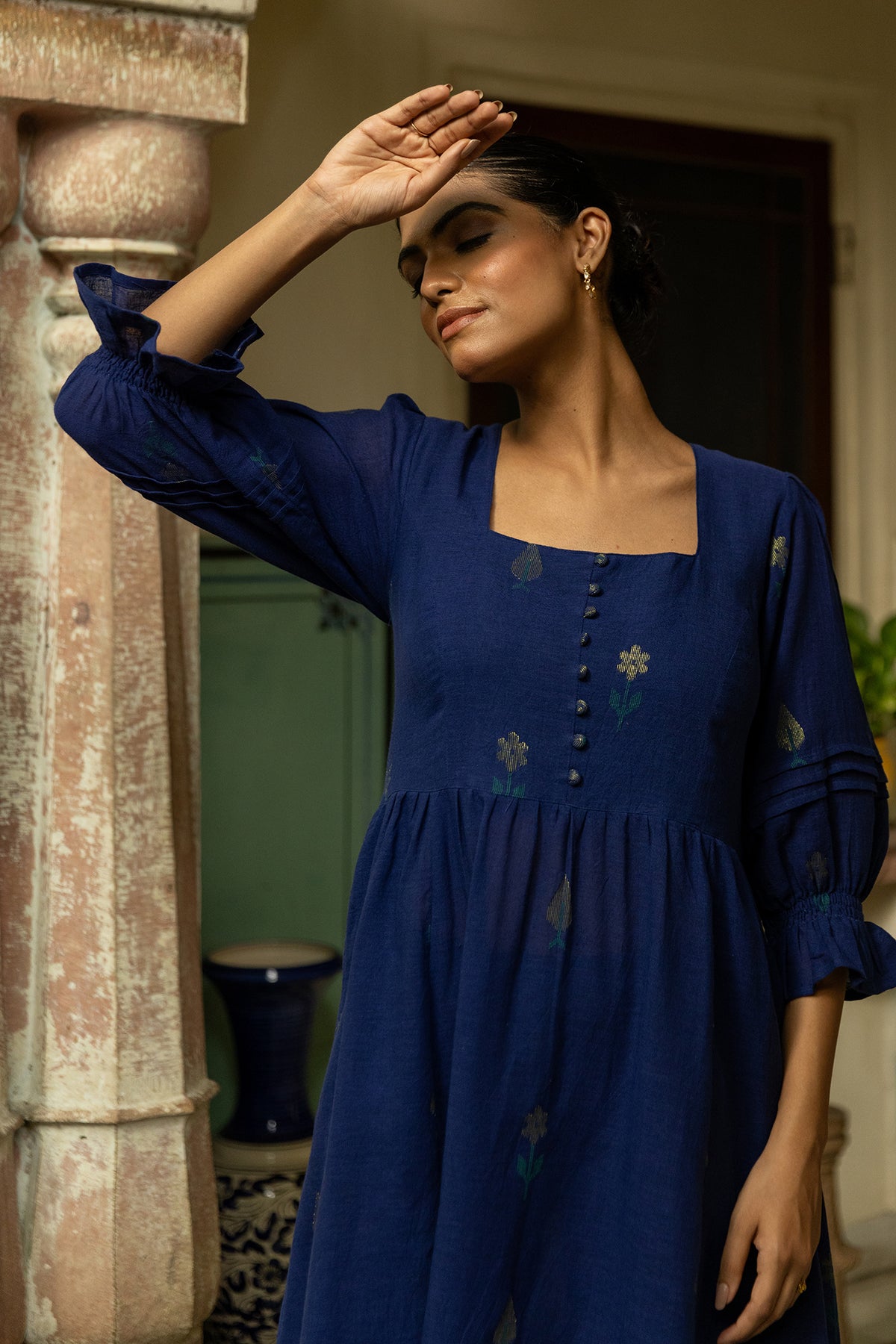 Blue Jamdani Handwoven Cotton Dress with Elasticated Back