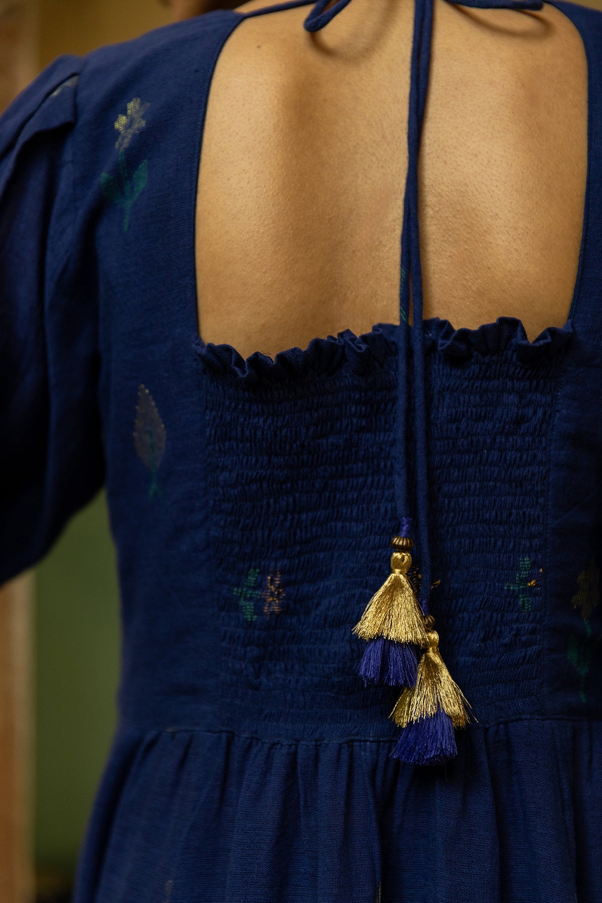 Blue Jamdani Handwoven Cotton Dress with Elasticated Back
