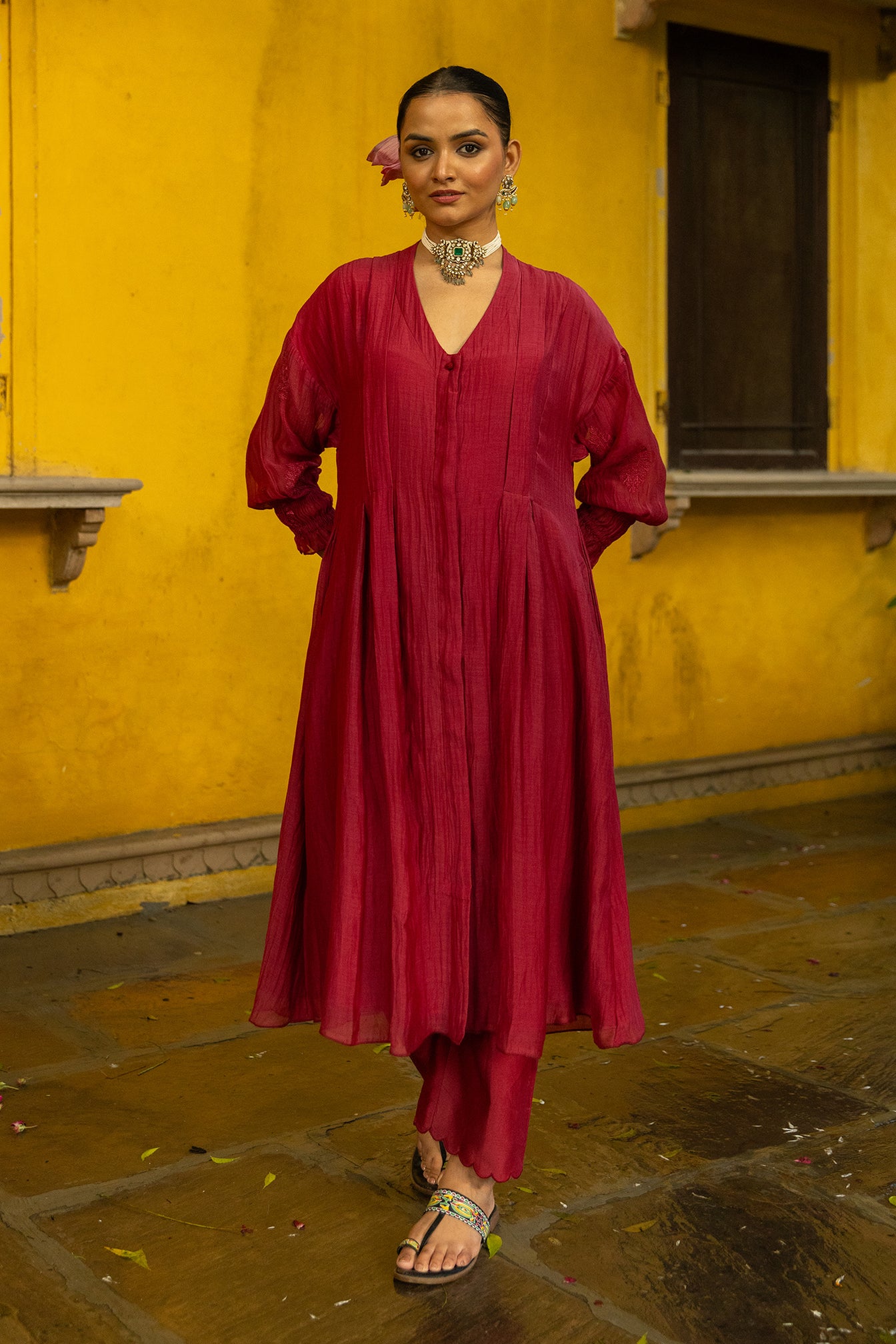 Chanderi Dart Kurta Suit Set paired with chanderi pants