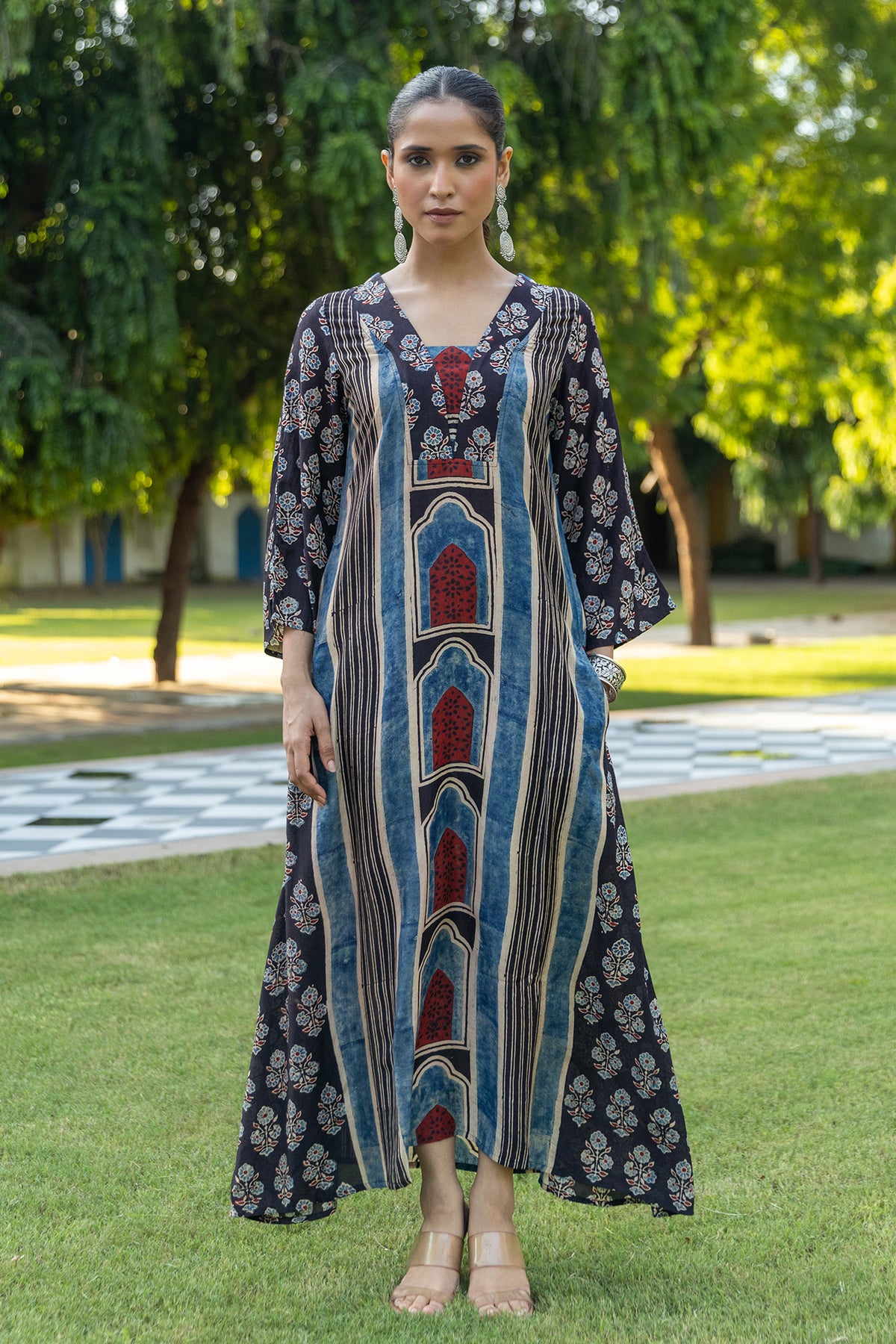 Muslin A-Line Dress with Ajrakh Print and Scalloped Details