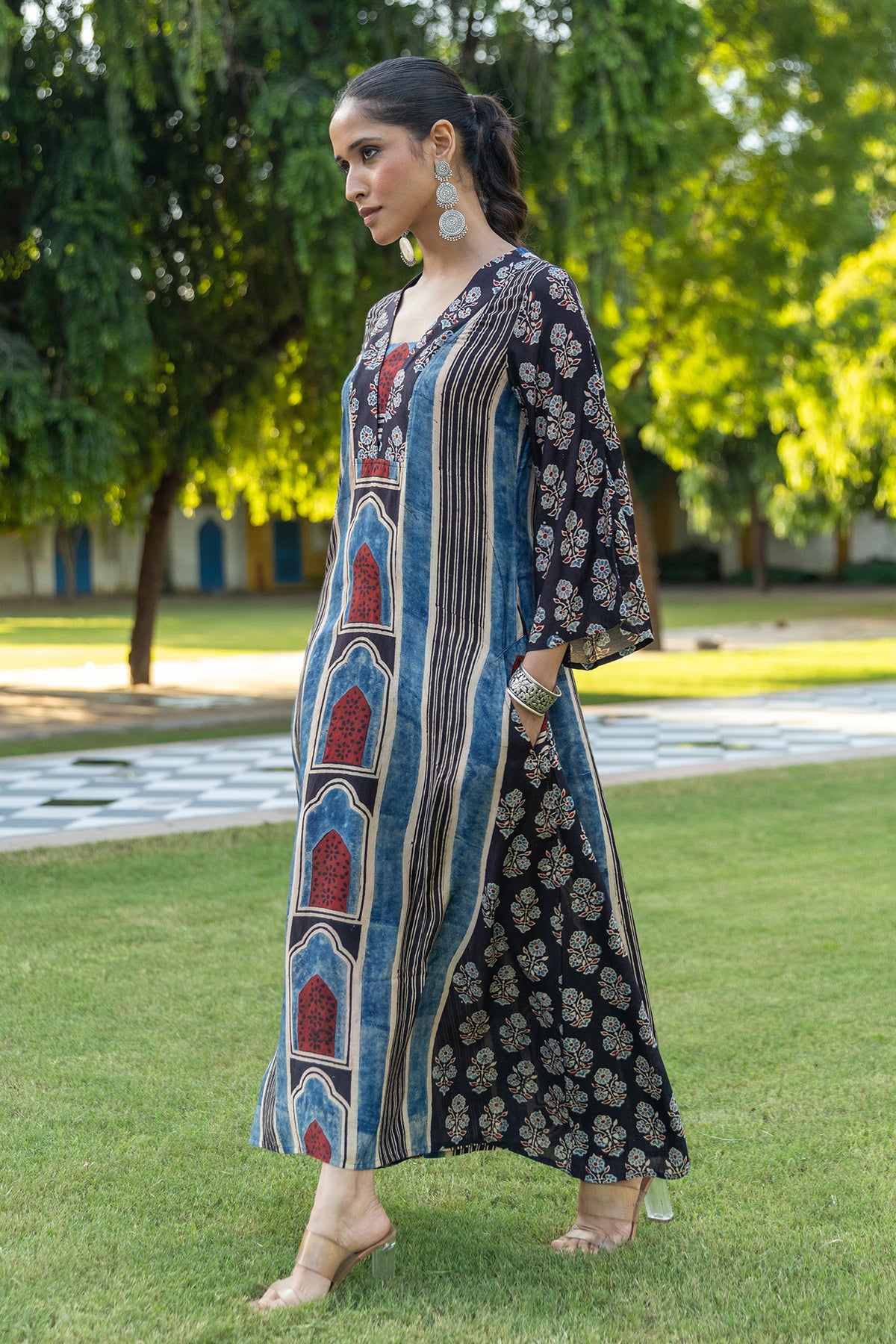 Muslin A-Line Dress with Ajrakh Print and Scalloped Details