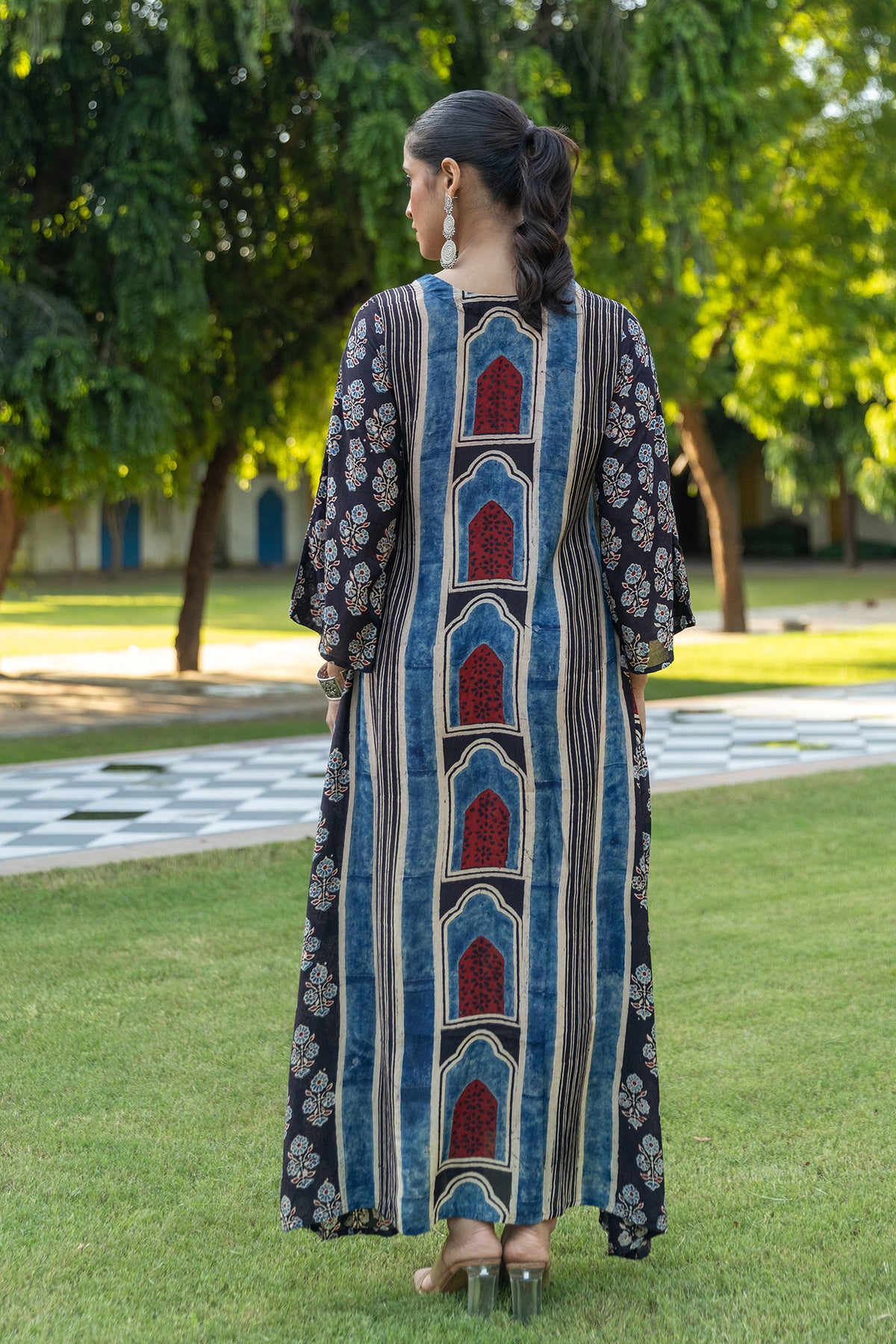 Muslin A-Line Dress with Ajrakh Print and Scalloped Details