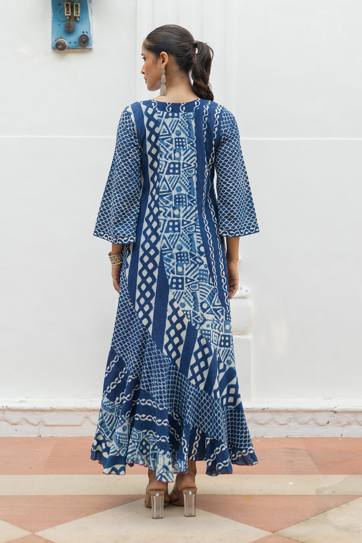 Indigo Handblock Multi-Print Long Ruffled Dress