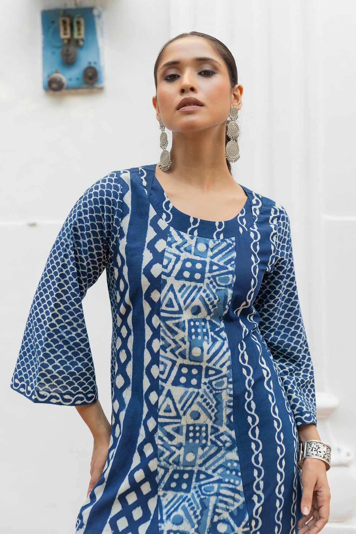 Indigo Handblock Multi-Print Long Ruffled Dress