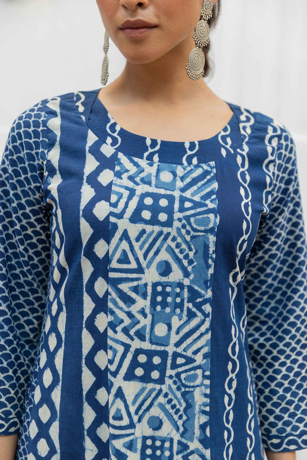 Indigo Handblock Multi-Print Long Ruffled Dress