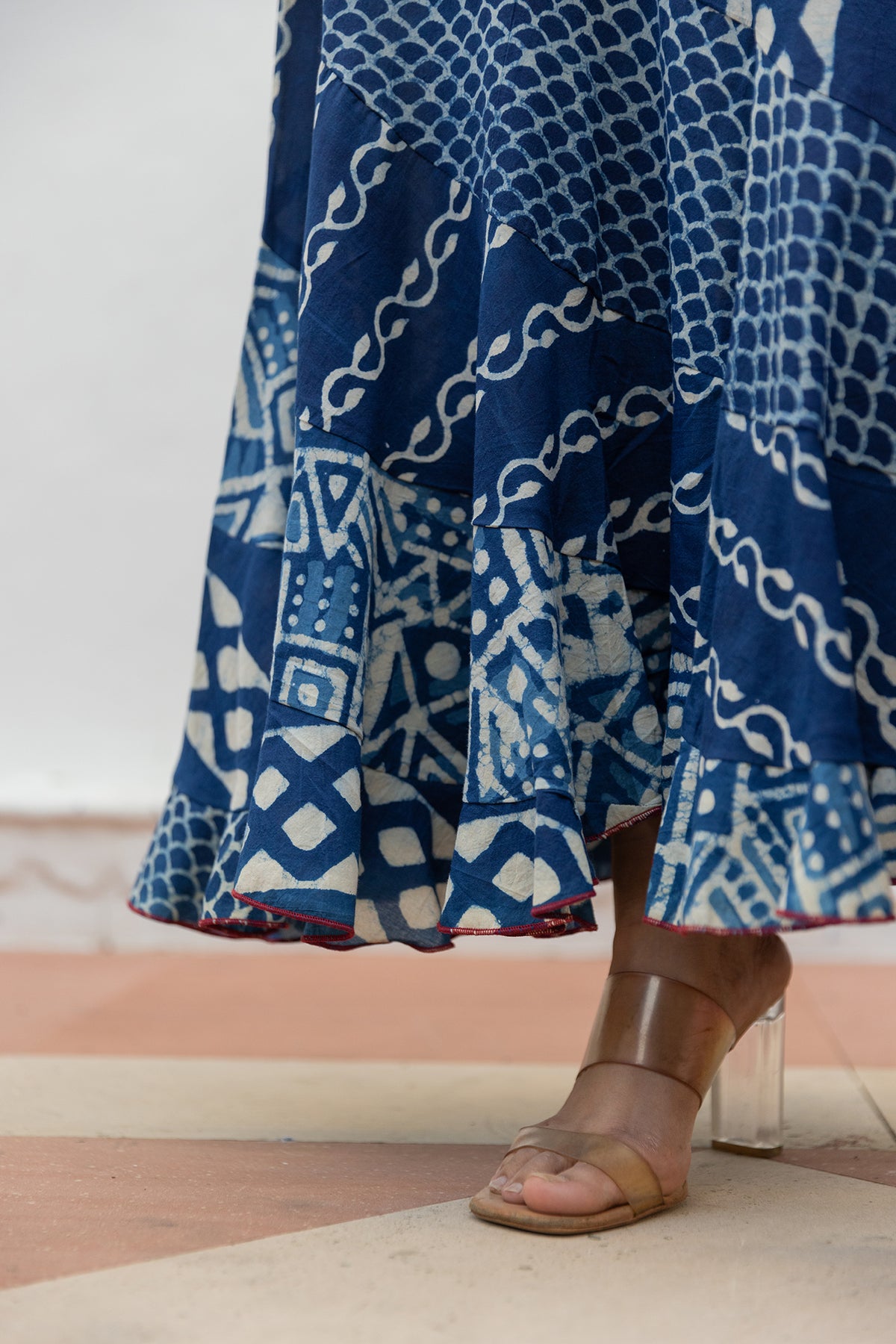 Indigo Handblock Multi-Print Long Ruffled Dress