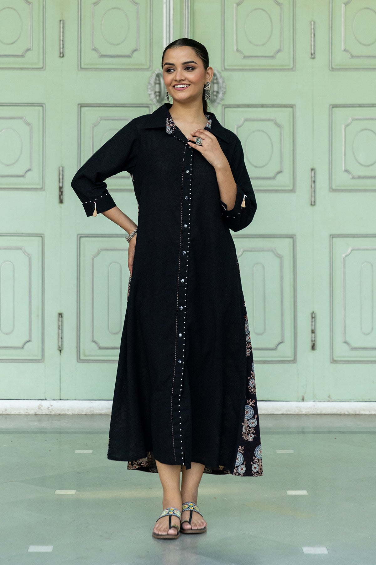 Front-Open Collar Dress with Ajrakh Boota Print and Beadwork