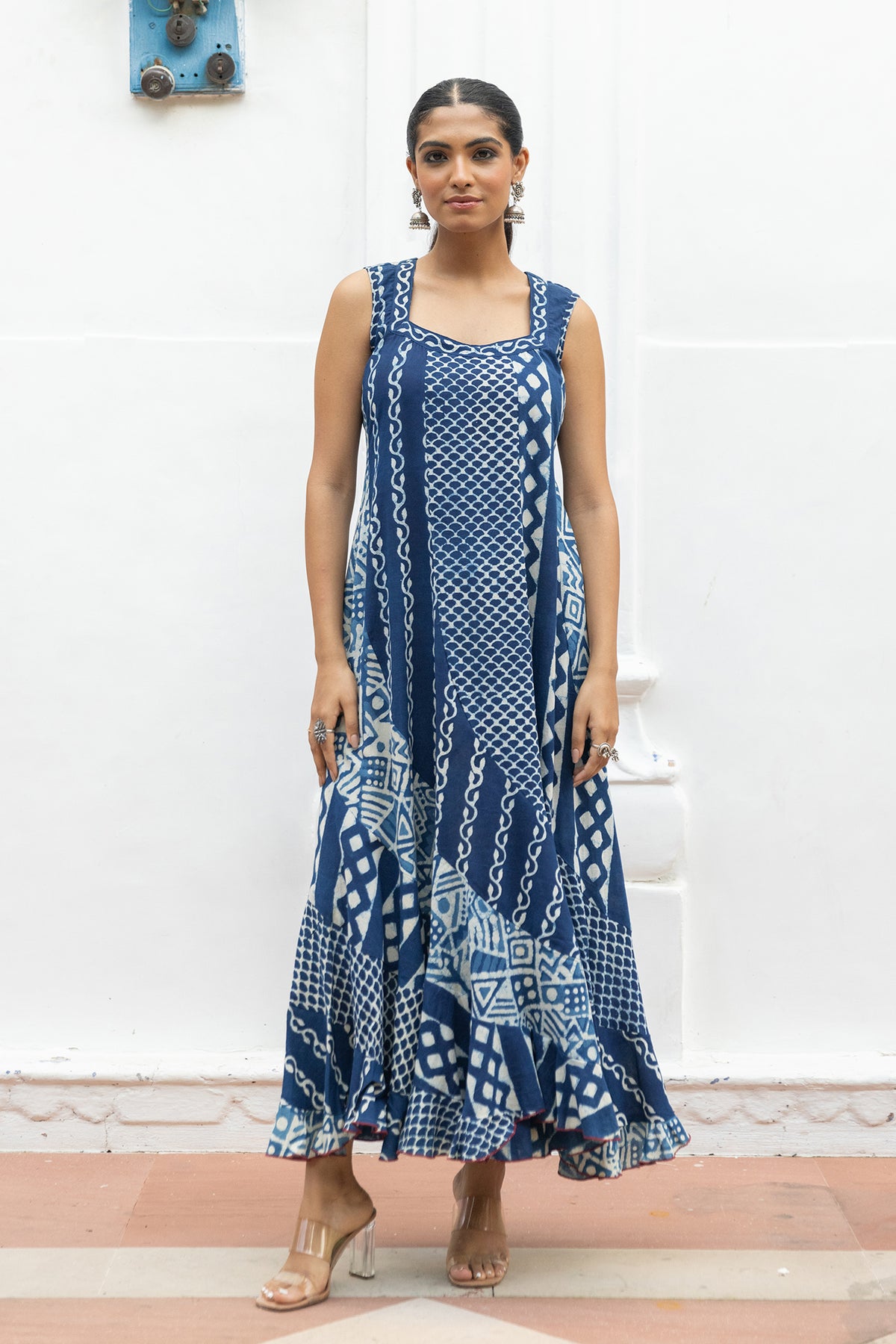 Signature Indigo Multiprint Sleeveless Long Frill Dress