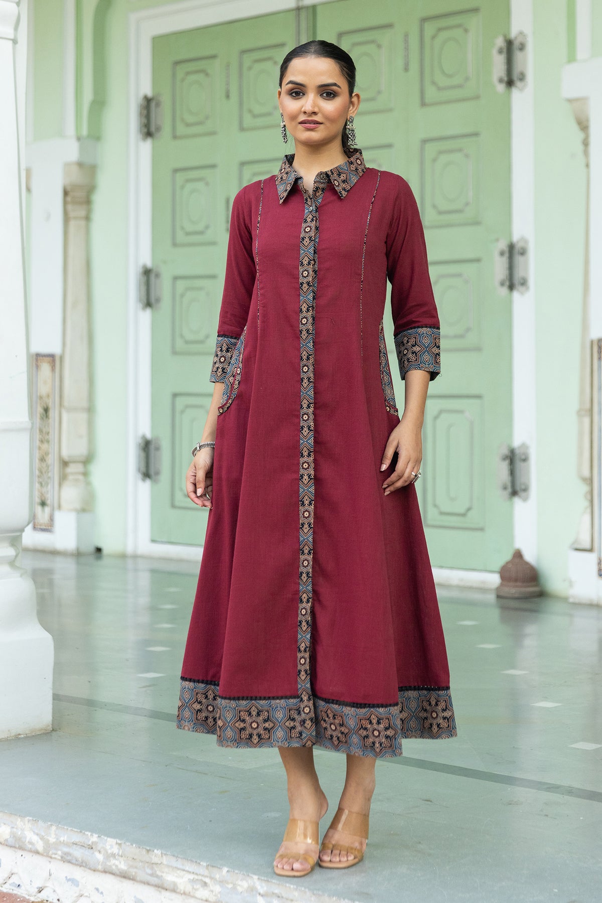 Maroon A-Line Dress with Ajrakh Print Collar and Pockets