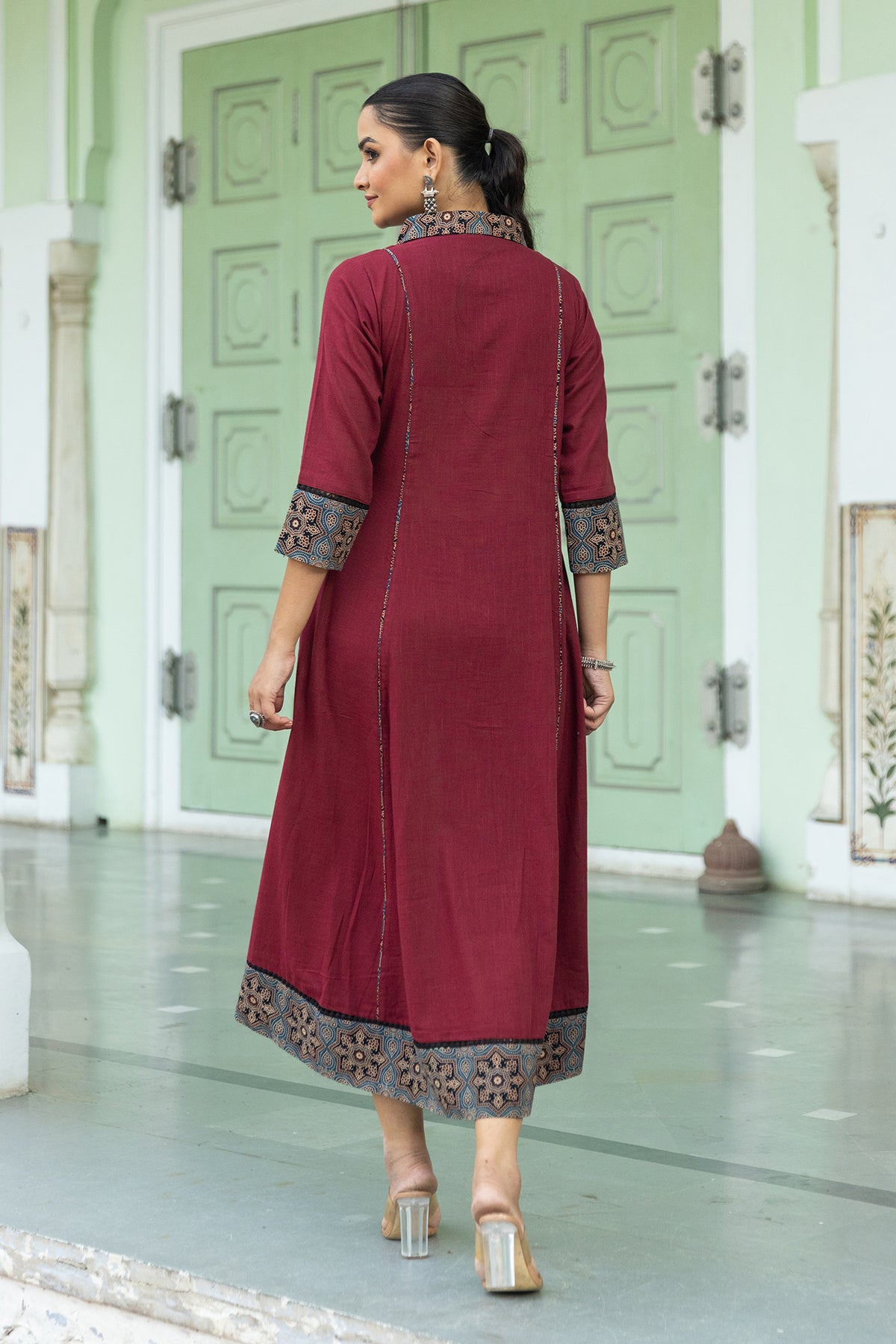 Maroon A-Line Dress with Ajrakh Print Collar and Pockets