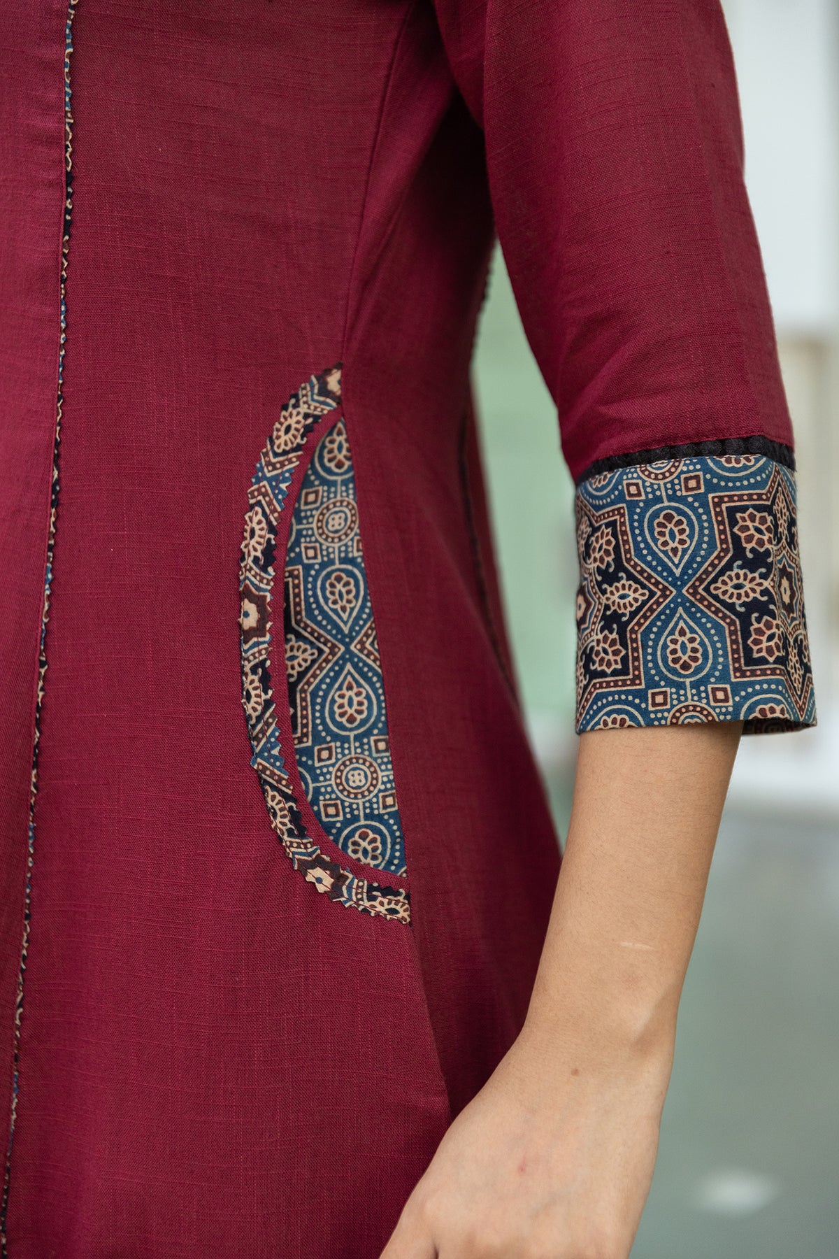 Maroon A-Line Dress with Ajrakh Print Collar and Pockets