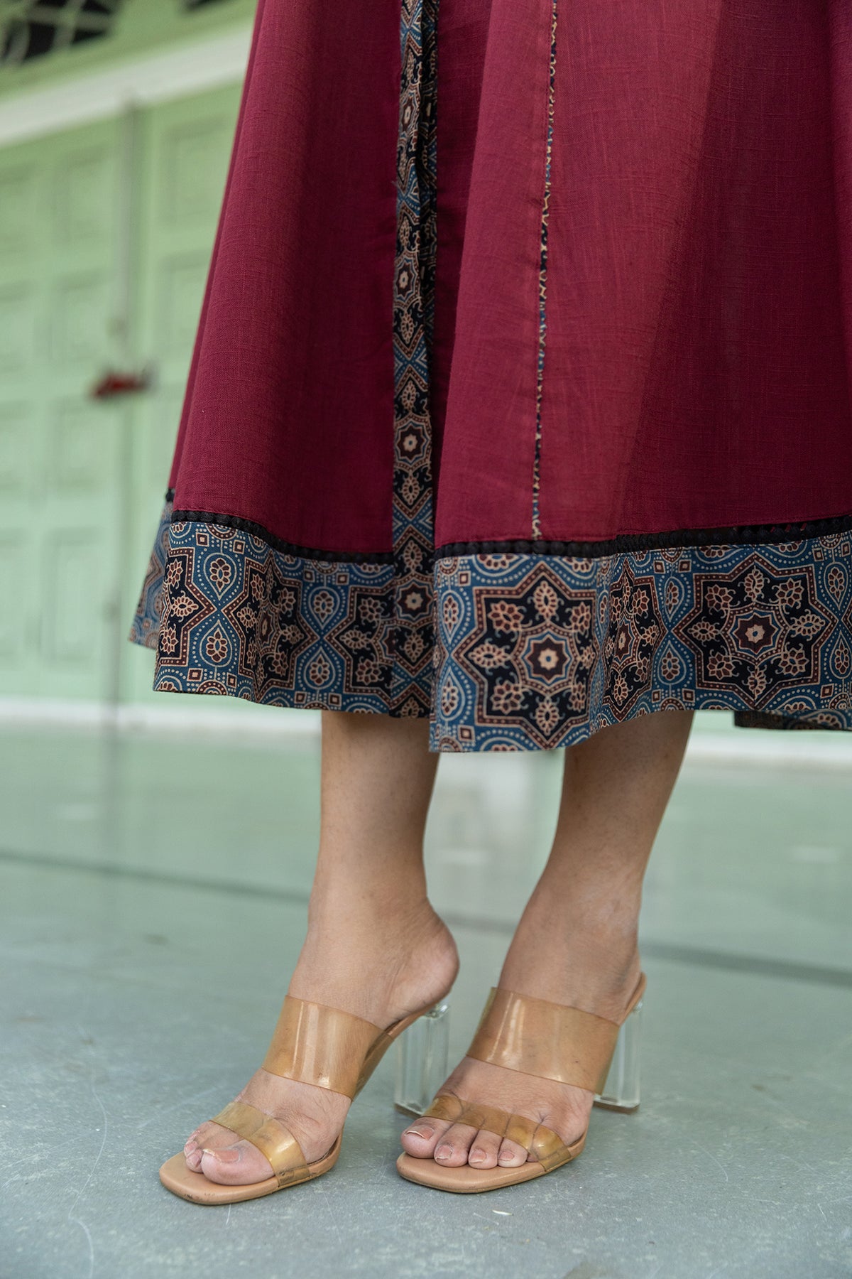 Maroon A-Line Dress with Ajrakh Print Collar and Pockets
