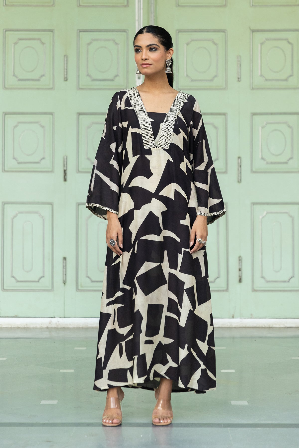 Muslin A-Line Dress with Bagru Abstract Print