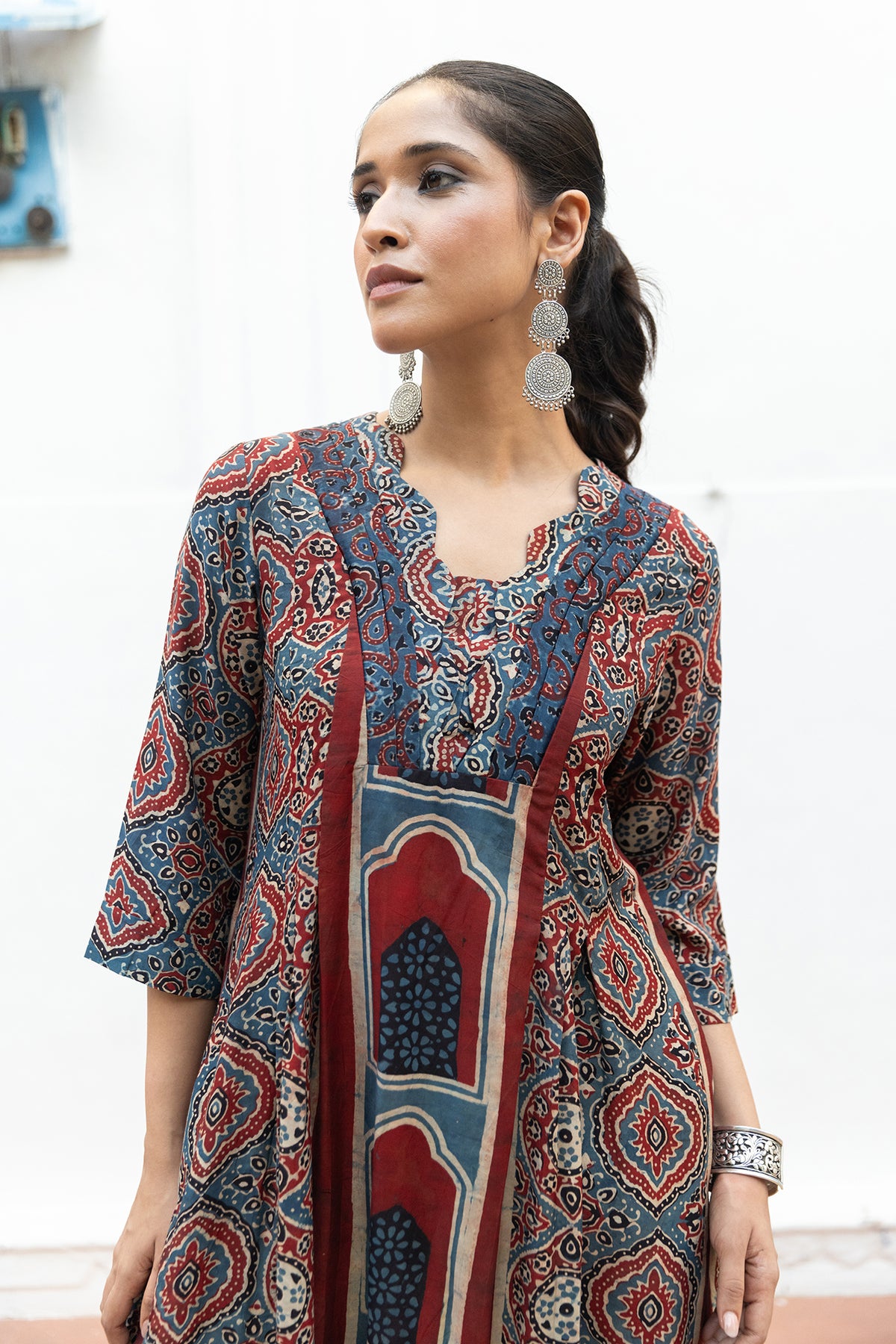Soft Muslin A-Line Dress with Ajrakh Placement Print and Pockets
