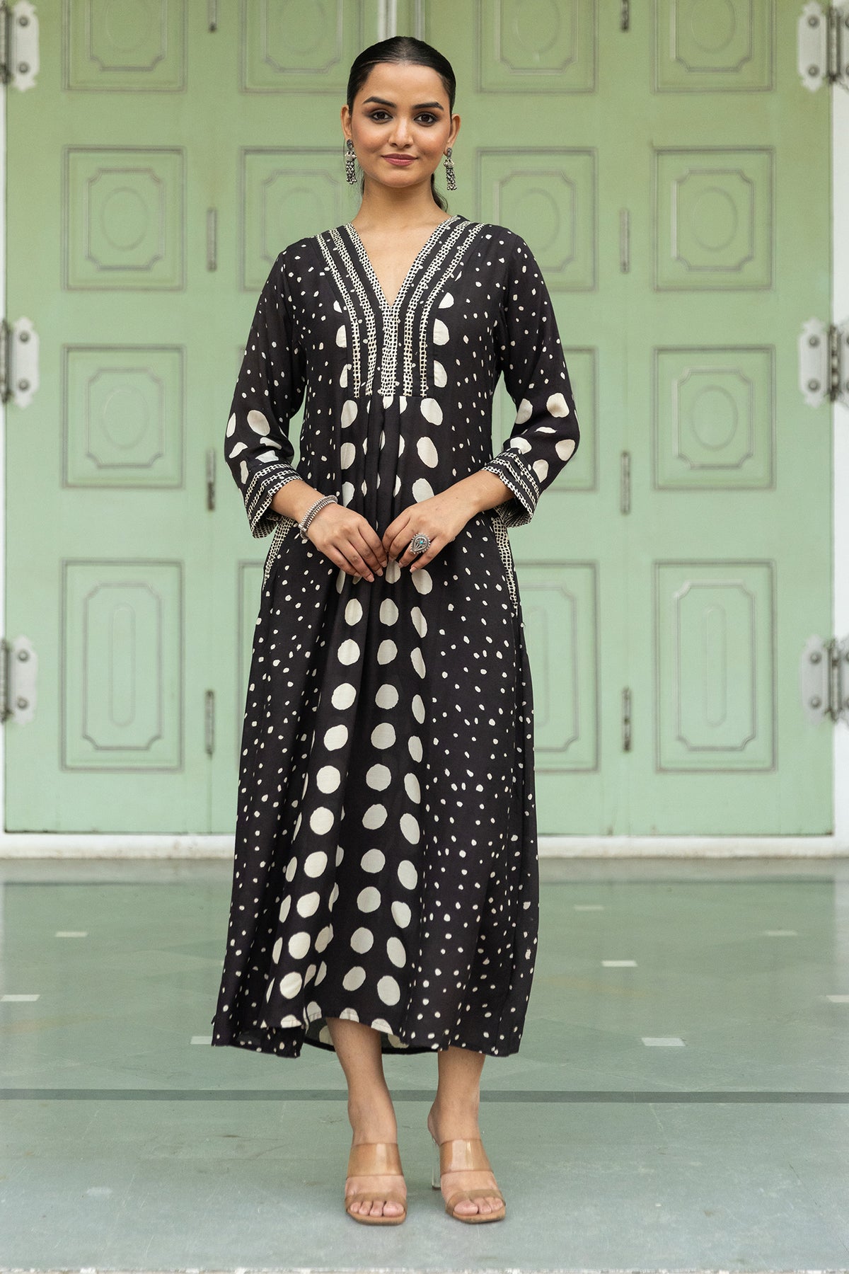Black Muslin Anti-Fit Dress with Bagru Polka Dot Print
