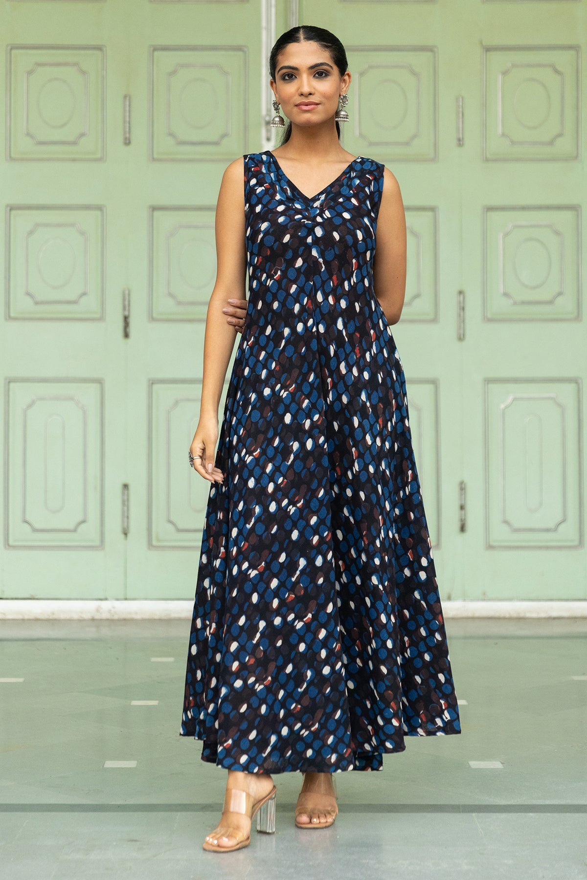 Indigo Bagru Dabu Handblock Print Bias-Cut Flared Dress