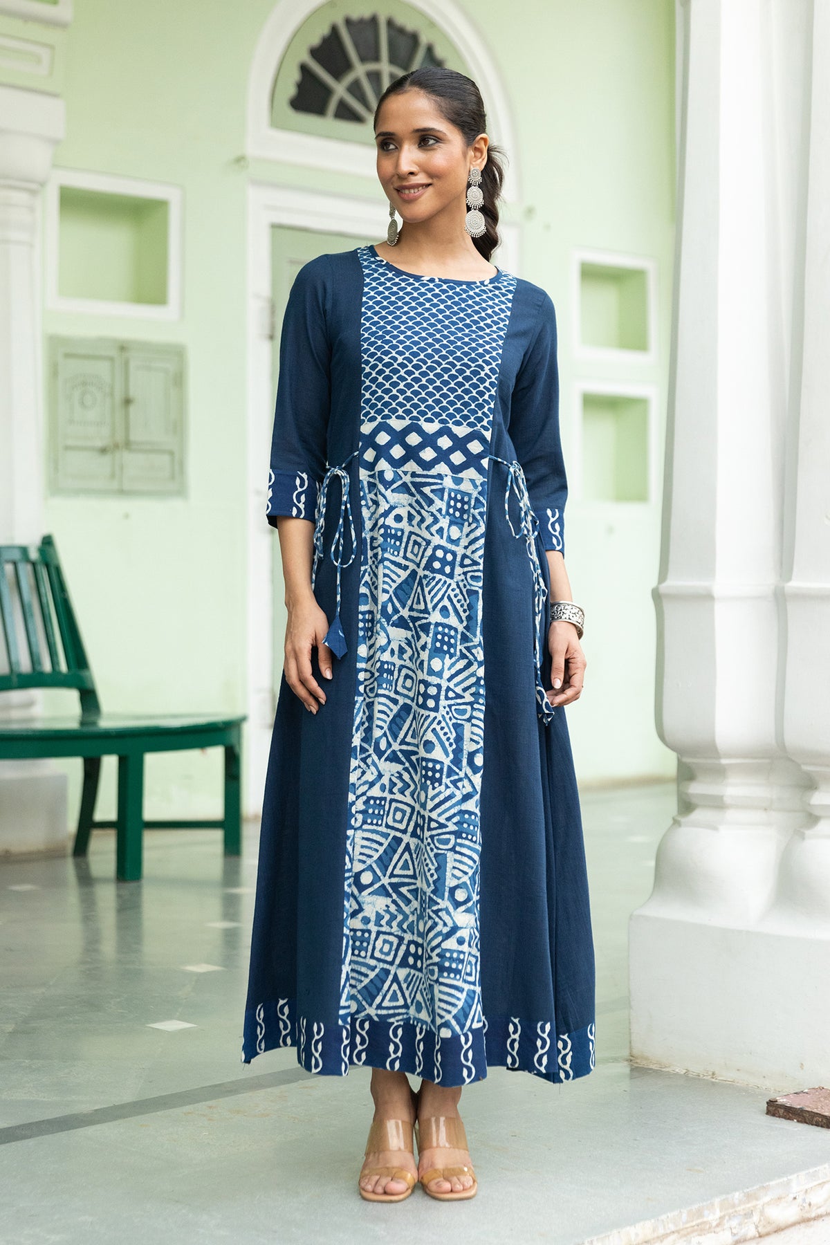 Multi Indigo Printed A-Line Dress with Side Dori and Pockets