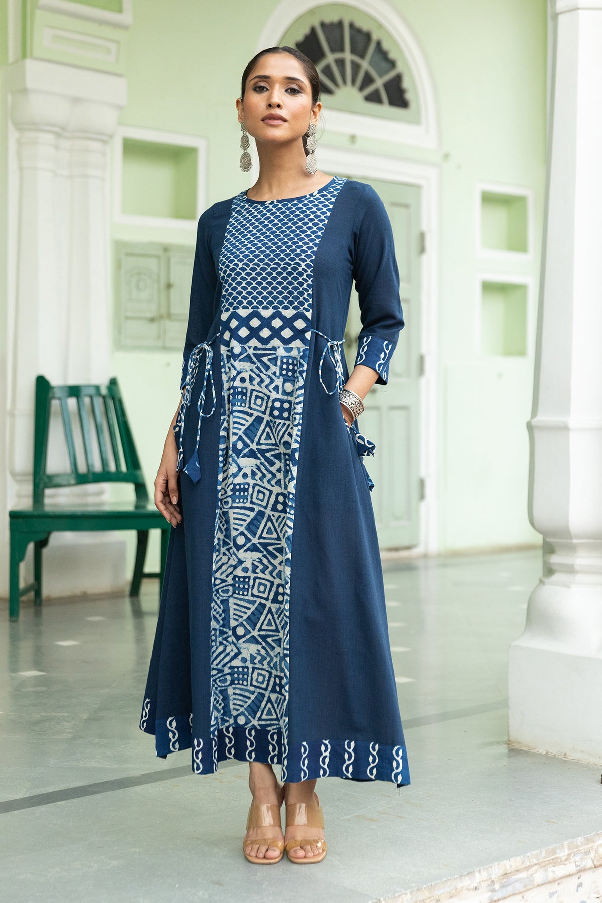 Multi Indigo Printed A-Line Dress with Side Dori and Pockets