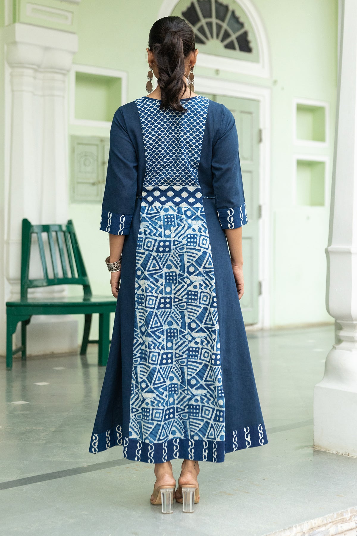 Multi Indigo Printed A-Line Dress with Side Dori and Pockets