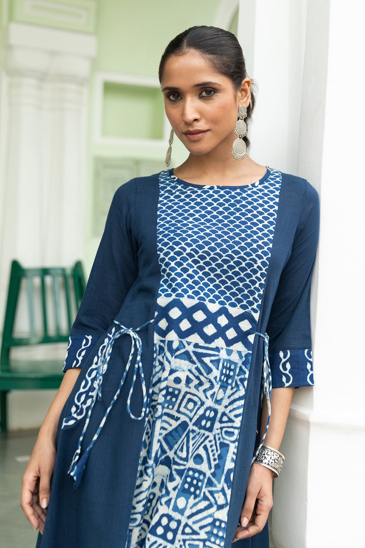Multi Indigo Printed A-Line Dress with Side Dori and Pockets