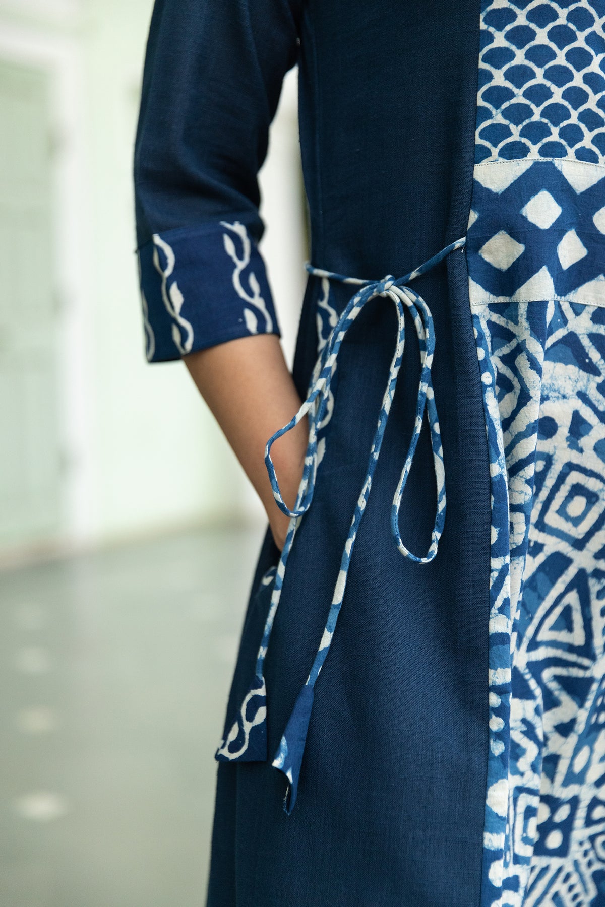 Multi Indigo Printed A-Line Dress with Side Dori and Pockets