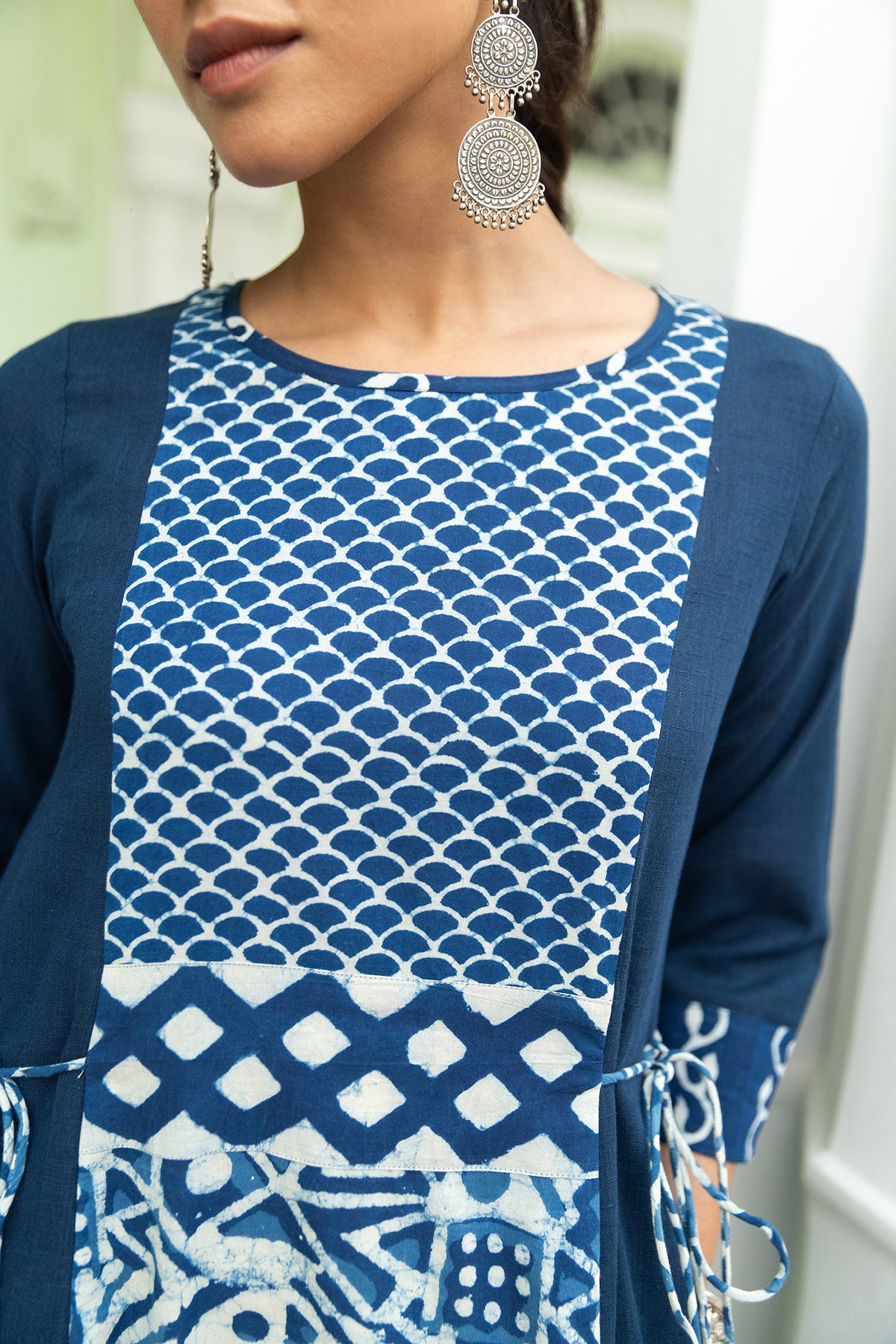 Multi Indigo Printed A-Line Dress with Side Dori and Pockets
