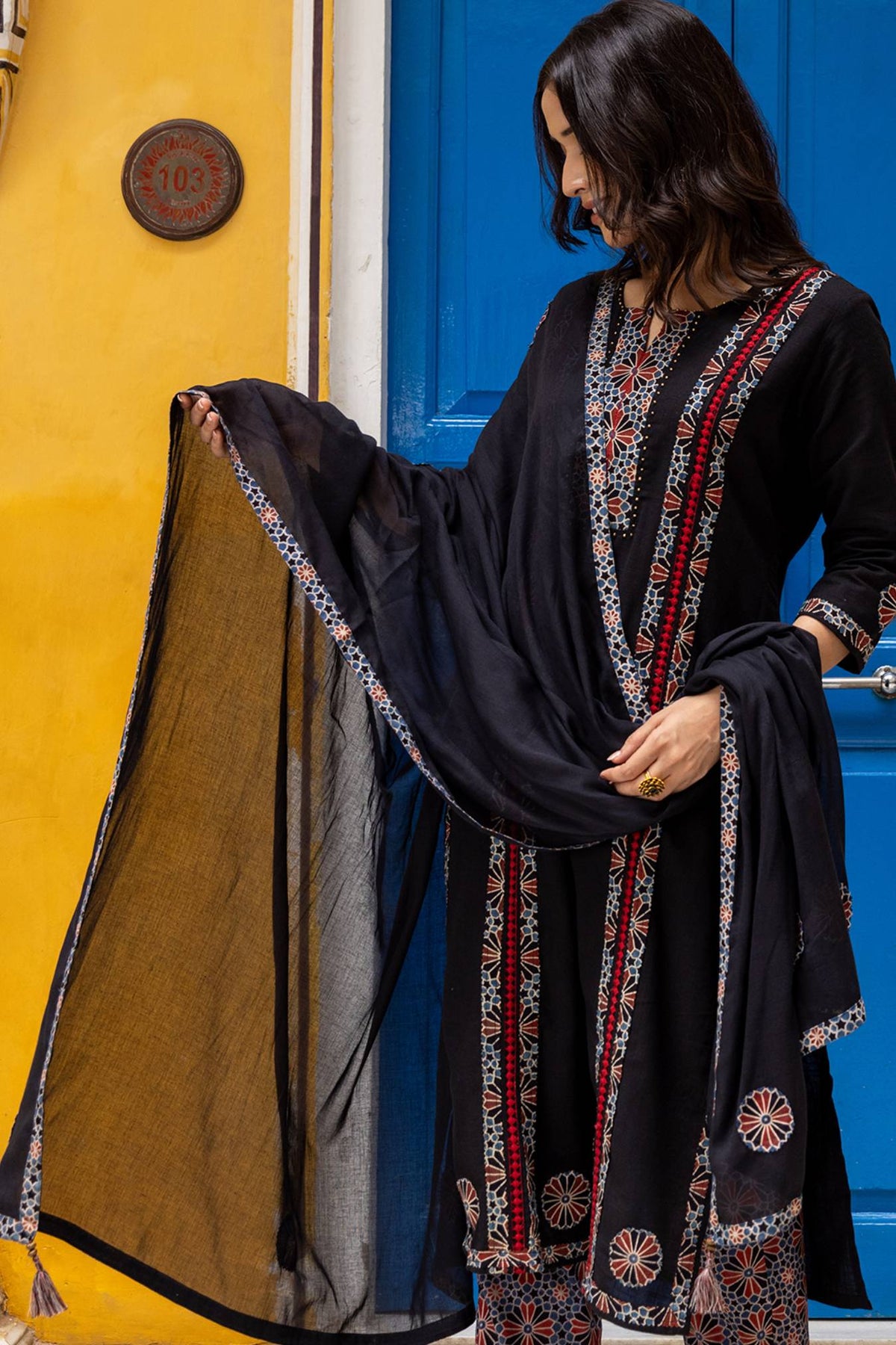 Cotton Dupatta with Ajrakh Patchwork