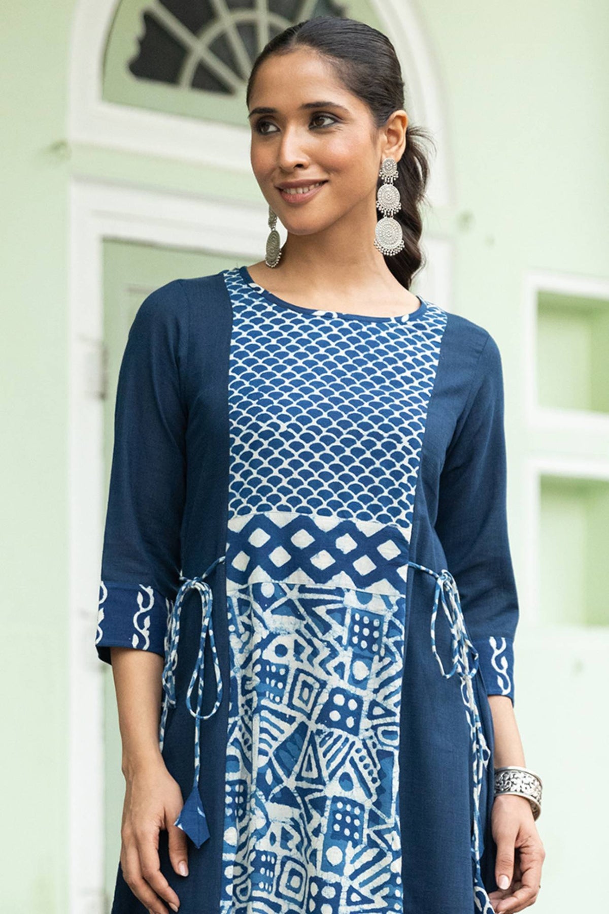 Multi Indigo Printed A-Line Dress with Side Dori and Pockets