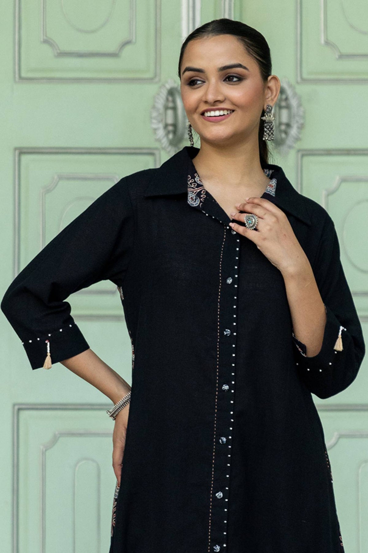 open collar dress for ladies Multi Ikat Print 100% Viscose