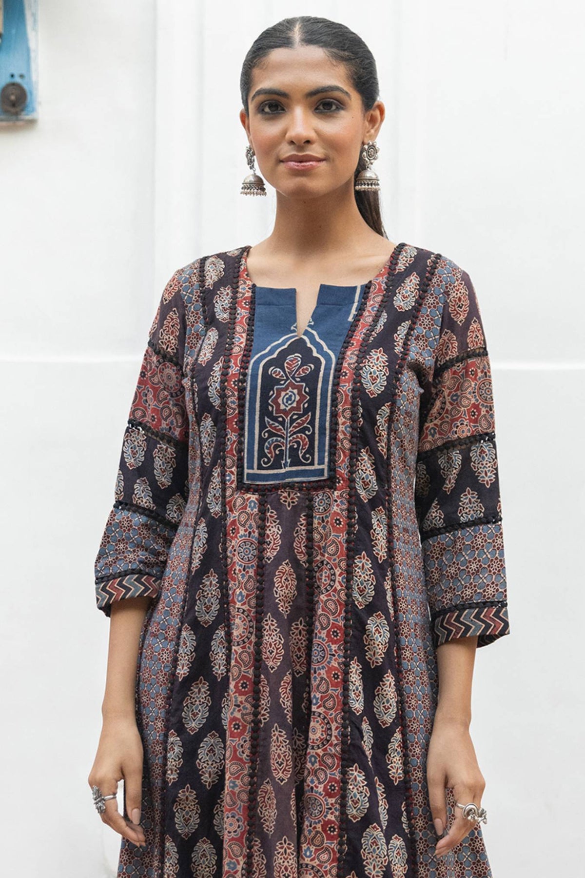 Multicolor Ajrakh Handblock Multi-Panel A-Line Dress with Lacework