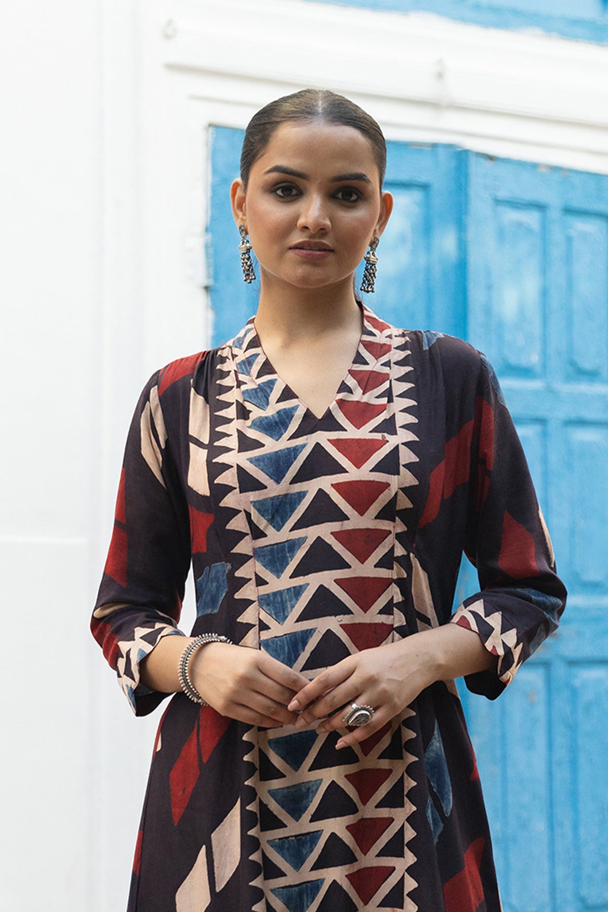 Black Muslin Ajrakh Print Signature Dart Dress