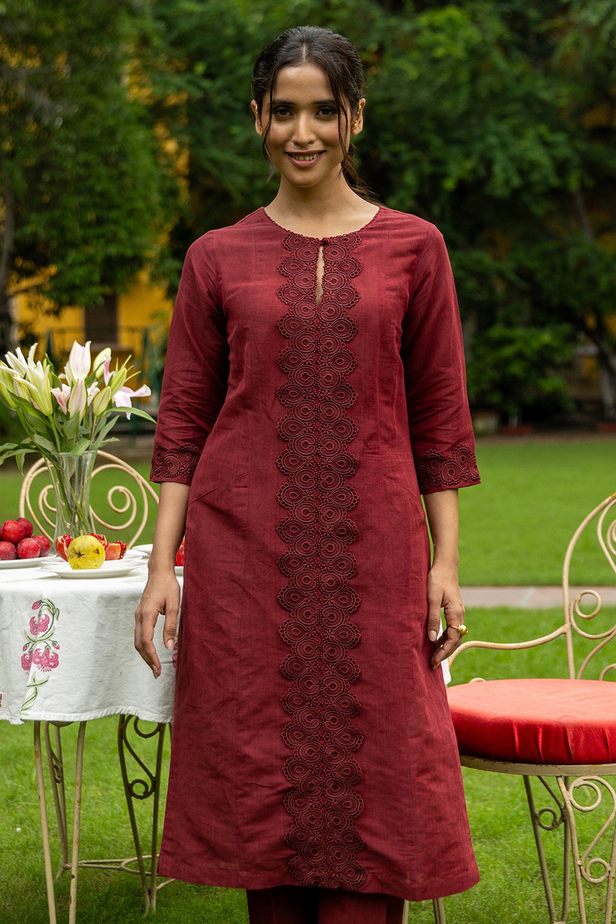 Long Maroon Linen Kurta with Lacework and Qureshia Buttons