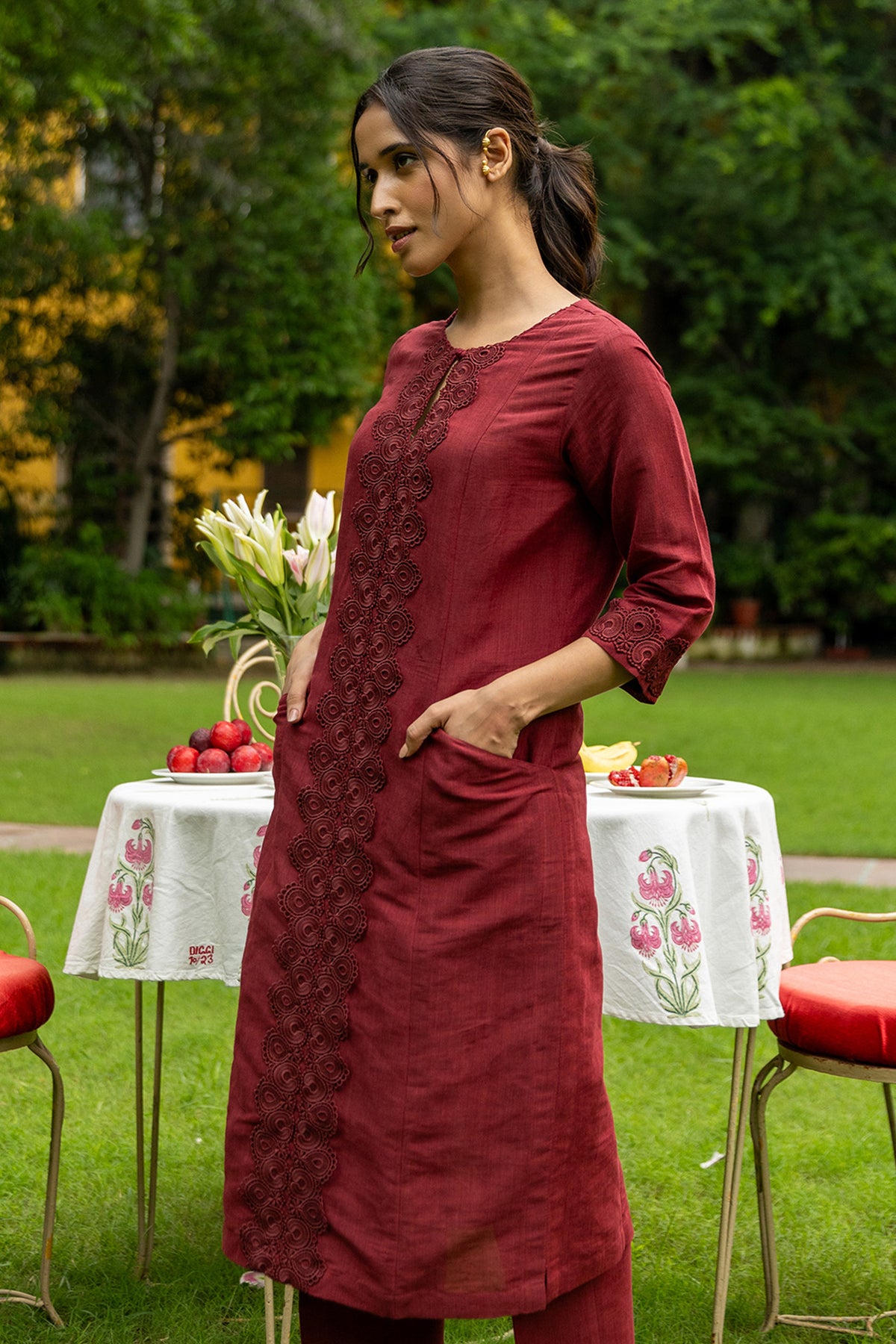 Long Maroon Linen Kurta with Lacework and Qureshia Buttons